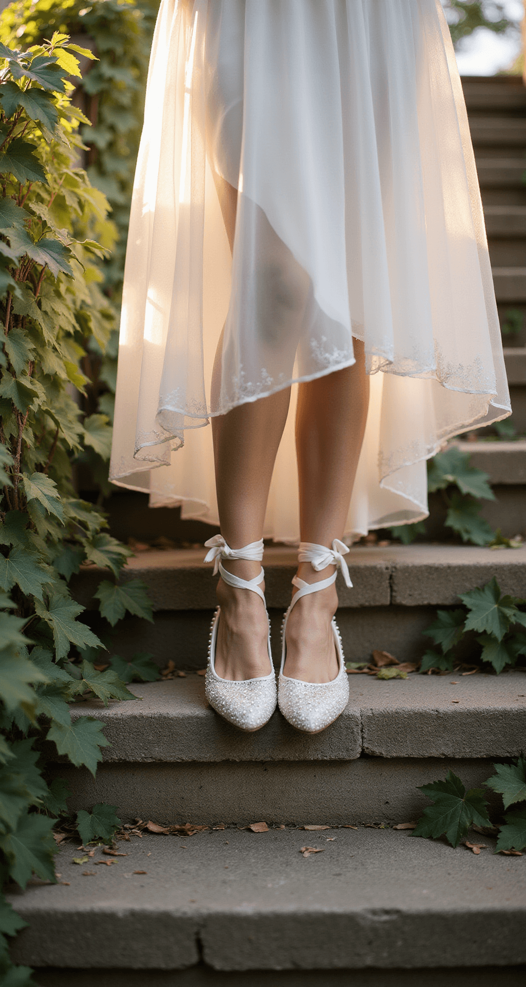 Wedding Flats: Your Ultimate Guide to Comfy & Stylish Bridal Footwear Close-up of a bride's feet in Italian leather ballet flats with vintage lace, standing on weathered stone steps covered in ivy. Her tulle skirt glows in the golden hour light, highlighting the hand-sewn pearl details and ribbon ties of the shoes in a dreamy garden setting.