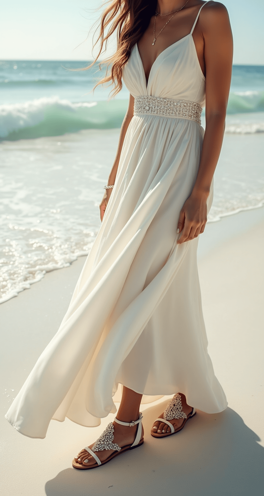 Wedding Flats: Your Ultimate Guide to Comfy & Stylish Bridal Footwear Bride in a flowing bohemian wedding dress stands on pristine white sand at a beach wedding, wearing crystal-embellished flat sandals with delicate ankle straps. Waves gently roll in the background as sunlight catches the intricate beadwork on her sandals, complementing her beach-wave hair and natural makeup. Shot from a low angle to highlight the shoes, dress movement, and oceanfront setting.