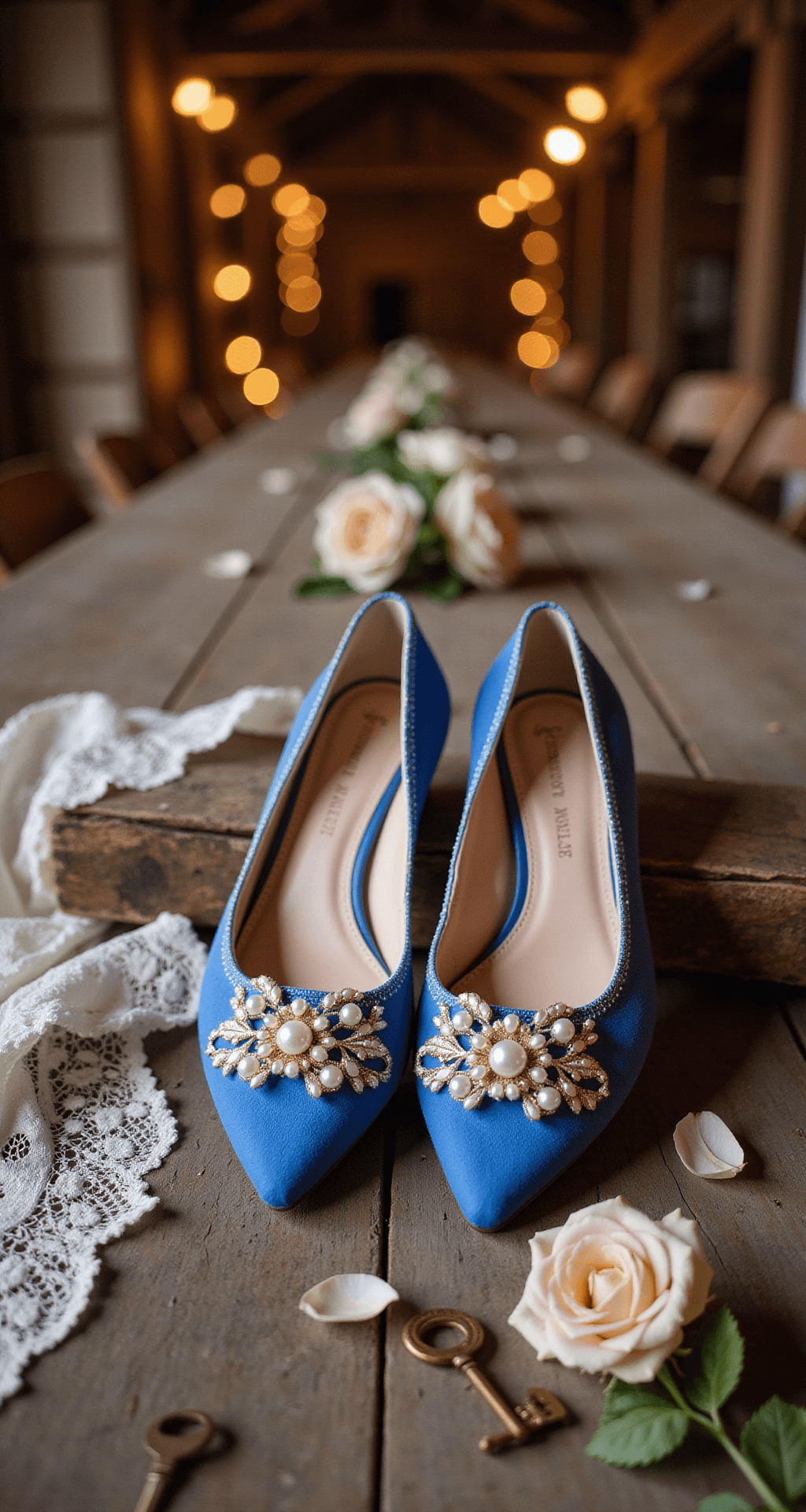 Wedding Flats: Your Ultimate Guide to Comfy & Stylish Bridal Footwear Aerial view of colorful Betsey Johnson flats with blue soles and pearl embellishments, surrounded by vintage lace, antique keys, and scattered rose petals on a rustic wooden surface, with twinkling fairy lights in the soft-focus background.