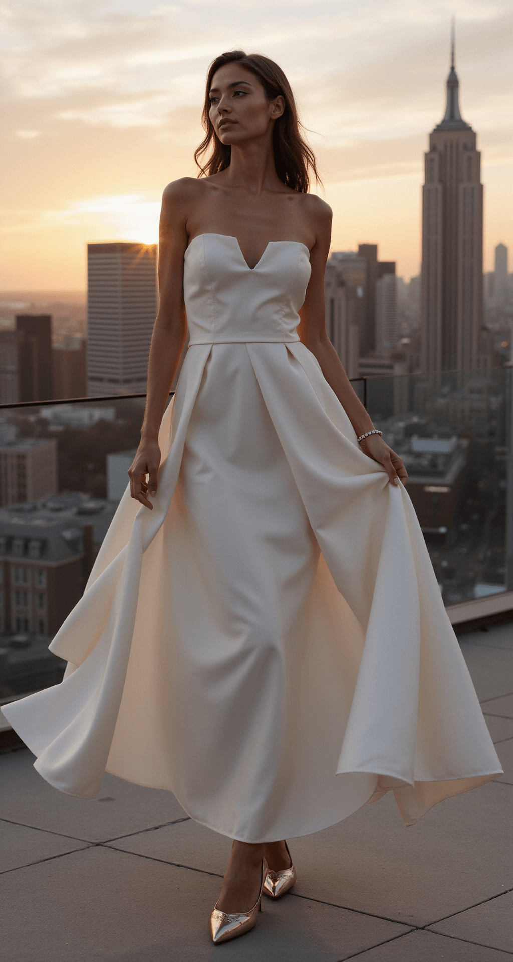 Wedding Flats: Your Ultimate Guide to Comfy & Stylish Bridal Footwear Bride in a contemporary gown and minimalist cream flats with architectural metal details, standing against a city skyline at sunset, dress flowing in the wind, shot from a low angle for a high-fashion look.