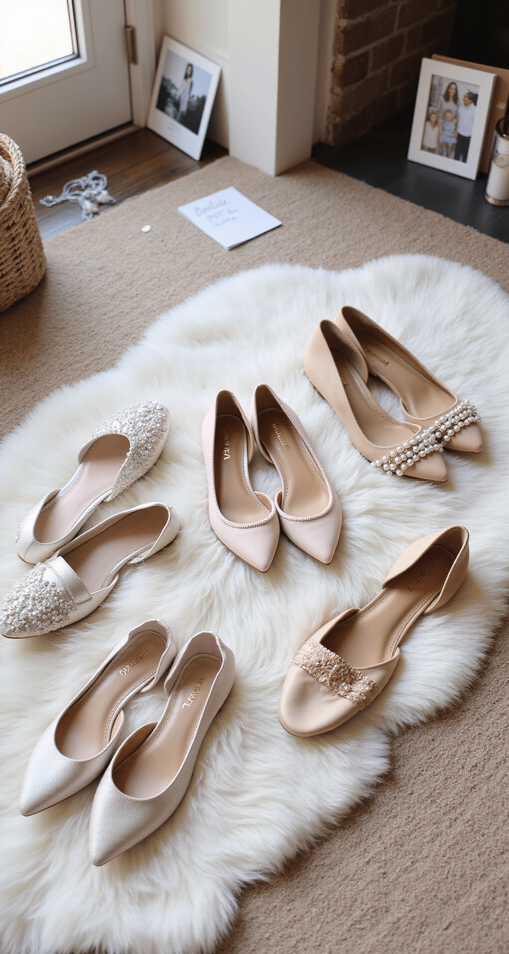 Wedding Flats: Your Ultimate Guide to Comfy & Stylish Bridal Footwear Intimate bridal preparation scene featuring multiple pairs of designer flats on a plush white carpet, illuminated by soft morning light, showcasing textures of silk, satin, leather, and lace, with personal elements like a handwritten note and family photos in the background.