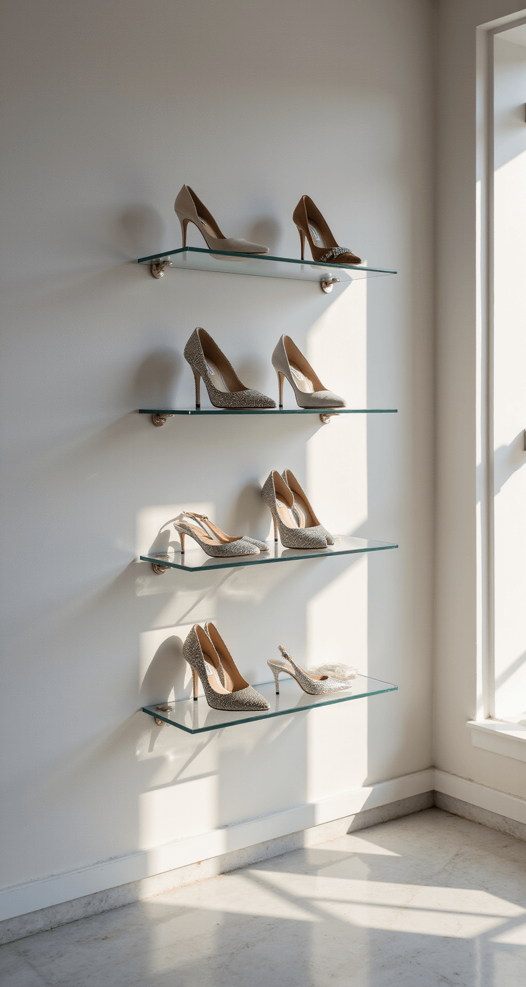 The Perfect Wedding Shoes: Your Complete Guide to Bridal Footwear Modern minimalist wedding showroom with white walls and marble floors, showcasing Badgley Mischka bridal shoes on glass shelves, illuminated by morning light, featuring a close-up of Giabella heels with a bokeh background.