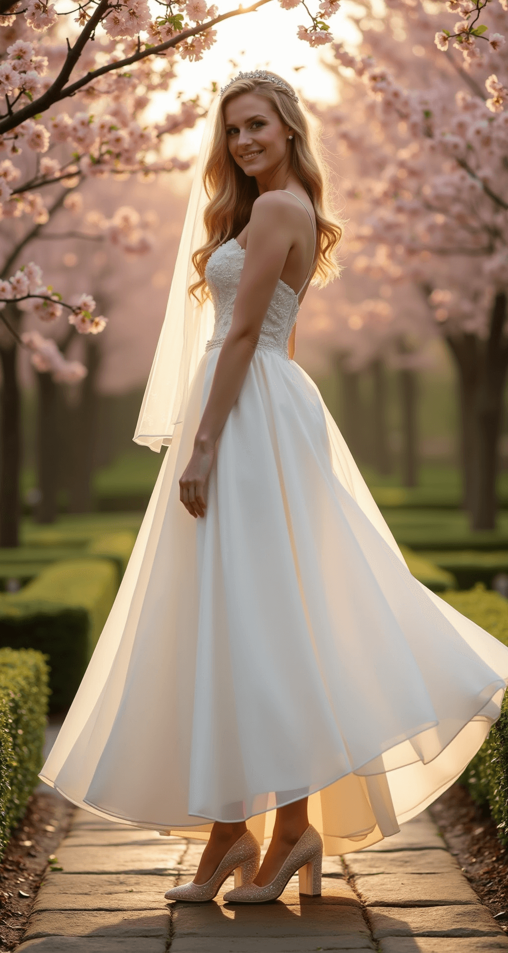 The Perfect Wedding Shoes: Your Complete Guide to Bridal Footwear A bride in a flowing white gown and pearl-accented block heels stands on a stone pathway in a romantic garden wedding venue during golden hour, surrounded by blooming cherry blossoms and soft backlight, creating a dreamy atmosphere.