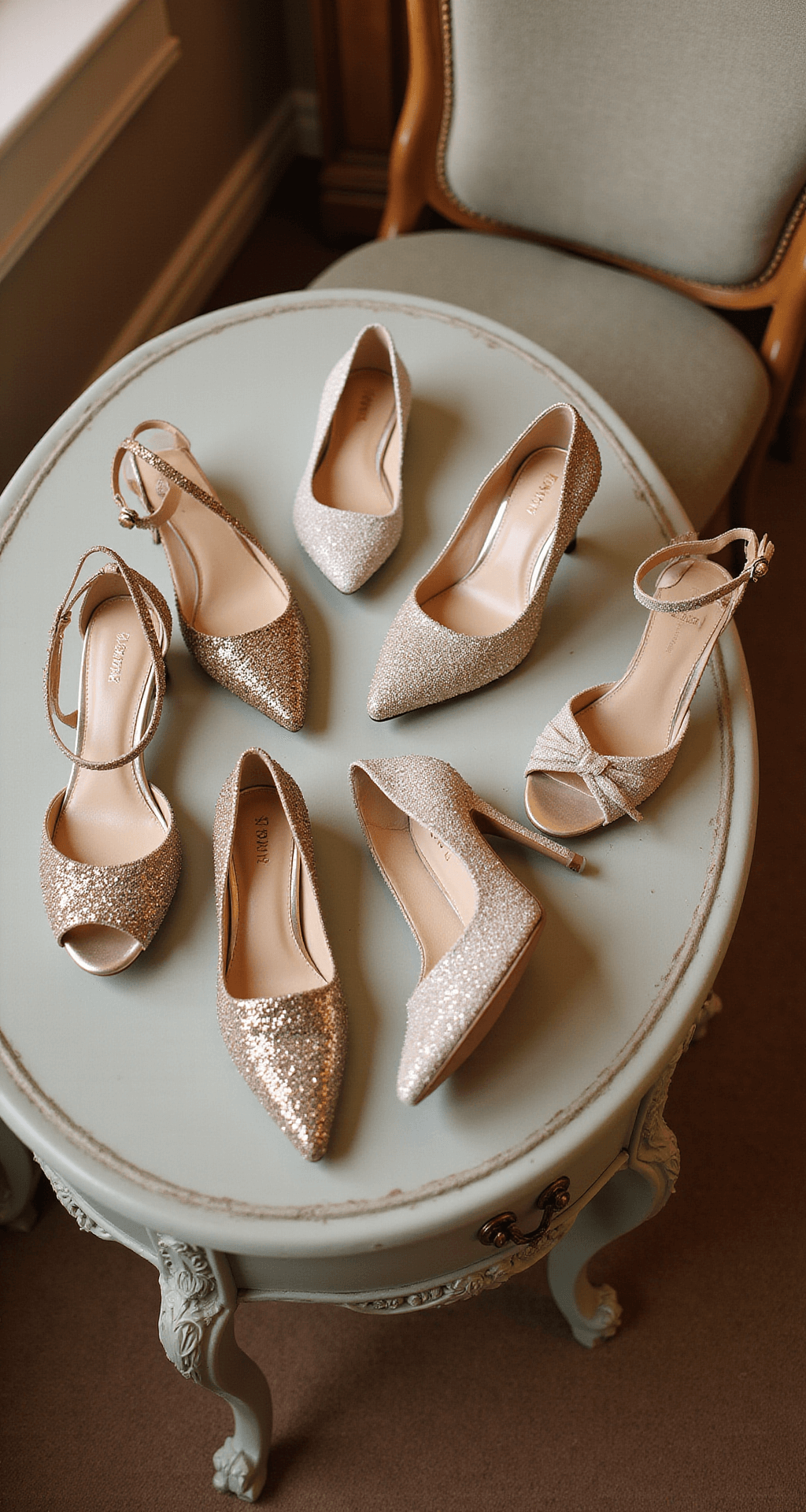 The Perfect Wedding Shoes: Your Complete Guide to Bridal Footwear Luxurious bridal suite featuring a vintage-inspired French provincial vanity adorned with a variety of wedding shoes from the Nina Shoes collection, showcasing stilettos and kitten heels, under warm afternoon light that highlights their textures and embellishments in an overhead flat lay composition.