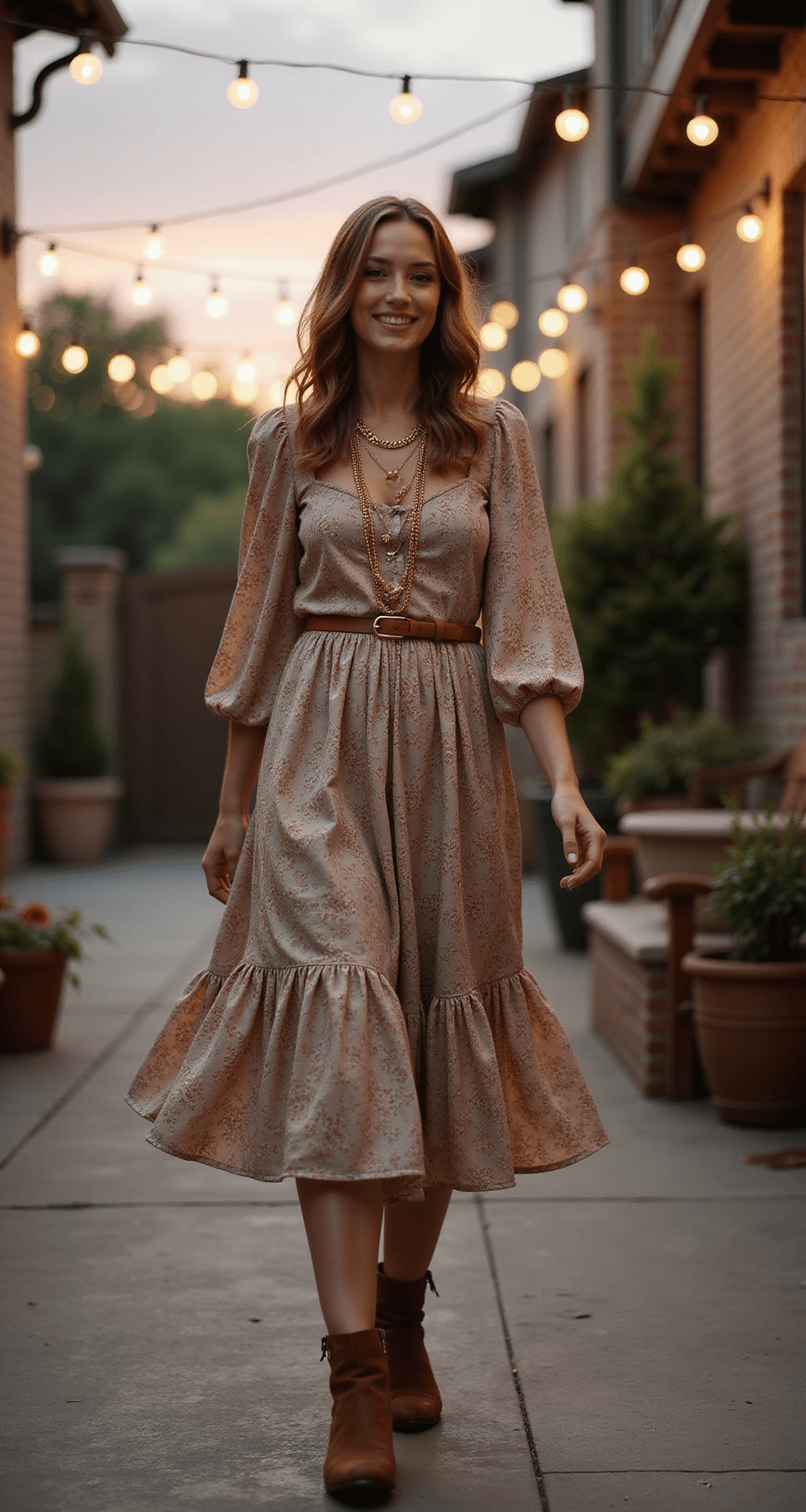 The Perfect Engagement Party Outfits: What to Wear for Every Style and Season A woman in a floral midi dress with balloon sleeves walks joyfully through a vintage-inspired courtyard adorned with string lights at dusk, wearing cognac leather boots and gold layered necklaces, her loose waves and warm makeup complementing the romantic atmosphere.
