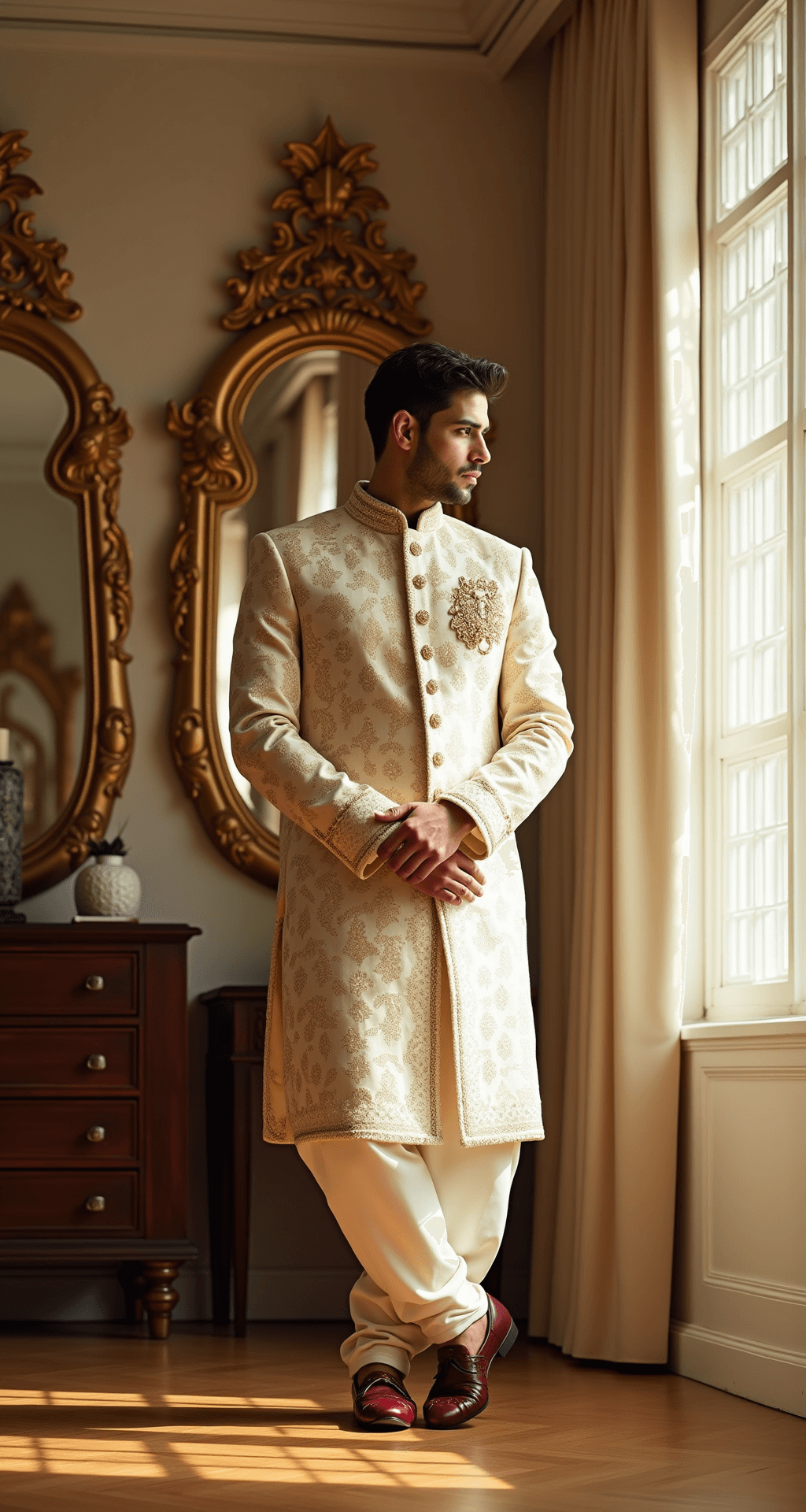The Ultimate Guide to Men's Engagement Fashion: Look Your Best on the Big Day A male model poses in a luxurious boutique interior, wearing an ivory sherwani with intricate gold embroidery and burgundy mojari shoes, surrounded by ornate gold-framed mirrors and bathed in natural light from floor-to-ceiling windows.
