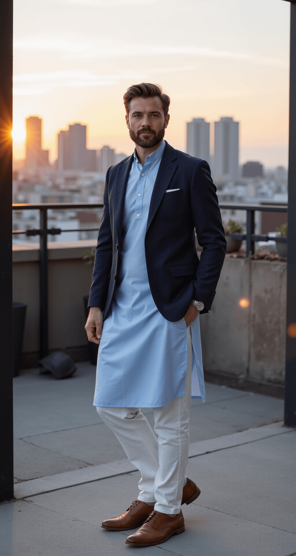 The Ultimate Guide to Men's Engagement Fashion: Look Your Best on the Big Day A male subject in a powder blue kurta, navy blazer, slim-fit white trousers, and tan leather Oxford shoes poses confidently on an urban rooftop terrace during golden hour, with a dramatic city skyline in the background and warm evening light highlighting the outfit's textures.