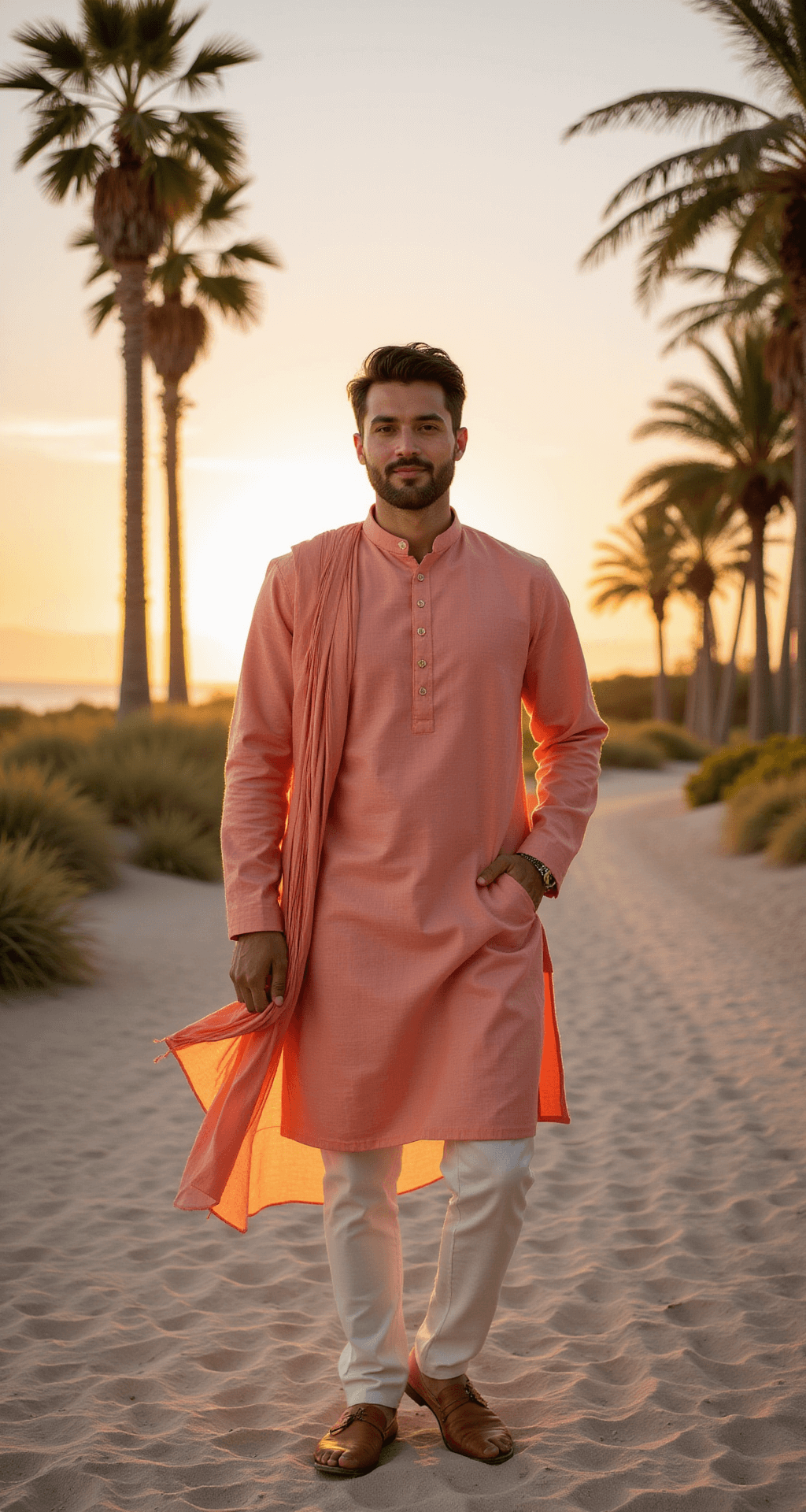 The Ultimate Guide to Men's Engagement Fashion: Look Your Best on the Big Day Groom in soft coral linen kurta and ivory churidar on a sandy beach at sunset, framed by palm trees; warm golden hour lighting enhances natural skin tones, capturing a candid moment with flowing fabric.
