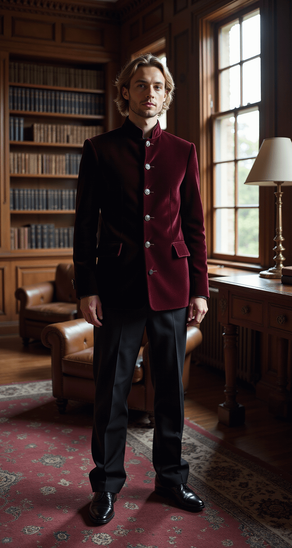 The Ultimate Guide to Men's Engagement Fashion: Look Your Best on the Big Day A subject dressed in a deep burgundy velvet bandhgala stands in a historic mansion library, surrounded by rich wooden bookshelves and leather furniture, illuminated by dramatic side lighting from vintage windows.