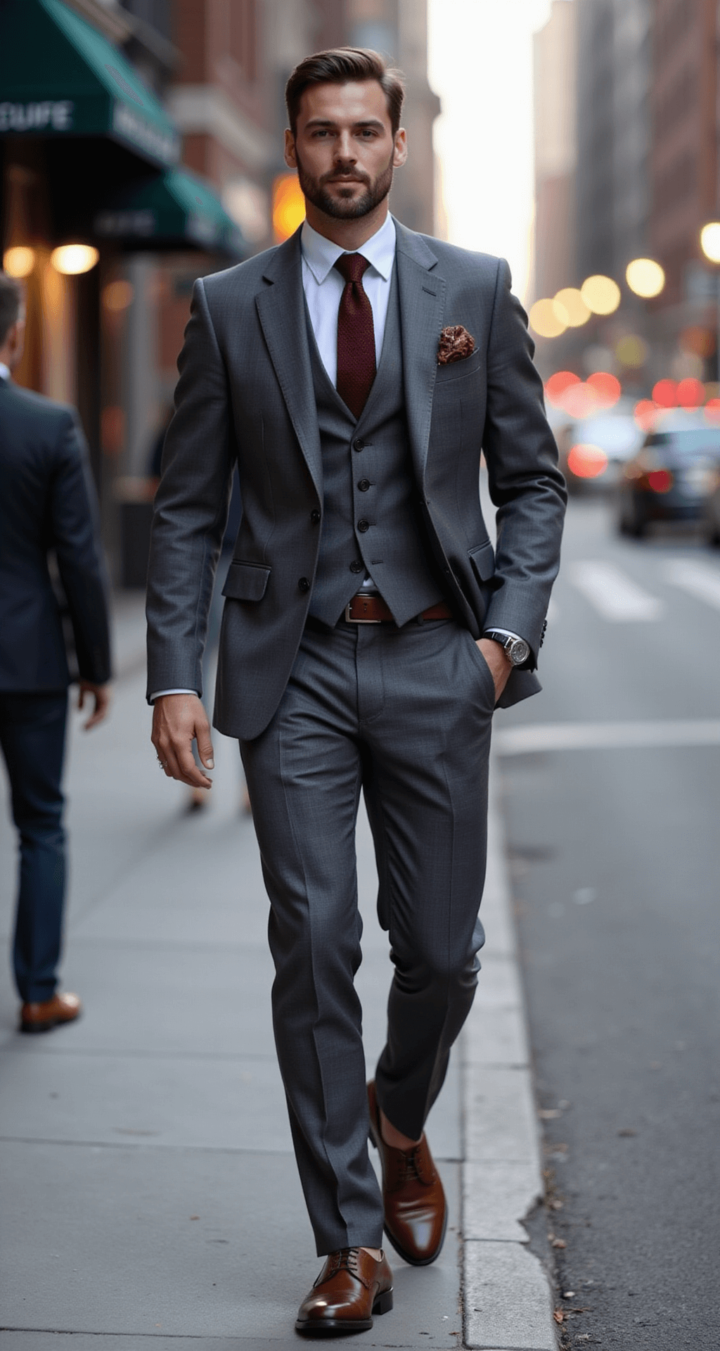 The Ultimate Guide to Men's Engagement Fashion: Look Your Best on the Big Day A male model in a charcoal grey suit with a subtle windowpane pattern and a burgundy knit tie stands on a downtown street corner during early evening, with city lights creating a bokeh effect around him. He is captured in a natural walking pose, showcasing brown leather accessories, with a soft background focus typical of 50mm lens photography at f/1.8.