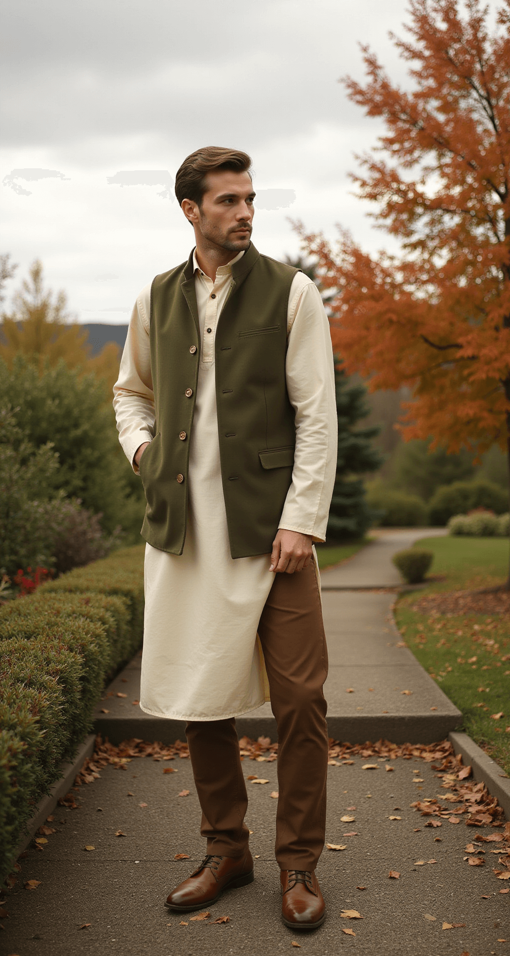 The Ultimate Guide to Men's Engagement Fashion: Look Your Best on the Big Day A person in an olive green waistcoat over an ivory kurta and tailored brown trousers stands in an autumn garden, surrounded by colorful fall foliage, as soft sunlight filters through the clouds, captured in a wide-angle shot that emphasizes both the outfit and the tranquil setting.