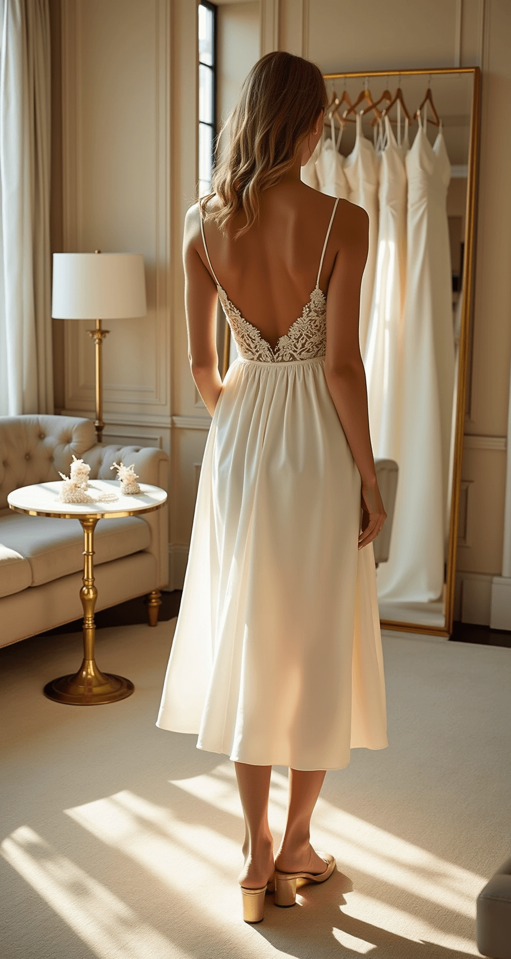 The Ultimate Guide to Finding Your Perfect Engagement Party Dress A bride-to-be in an ivory silk slip dress examines herself in a triple mirror at a luxurious bridal boutique, illuminated by golden hour sunlight. Plush cream carpeting and champagne-colored furnishings enhance the sophisticated ambiance, while a nearby rack displays designer dresses and a side table showcases pearl hair accessories and crystal heels.