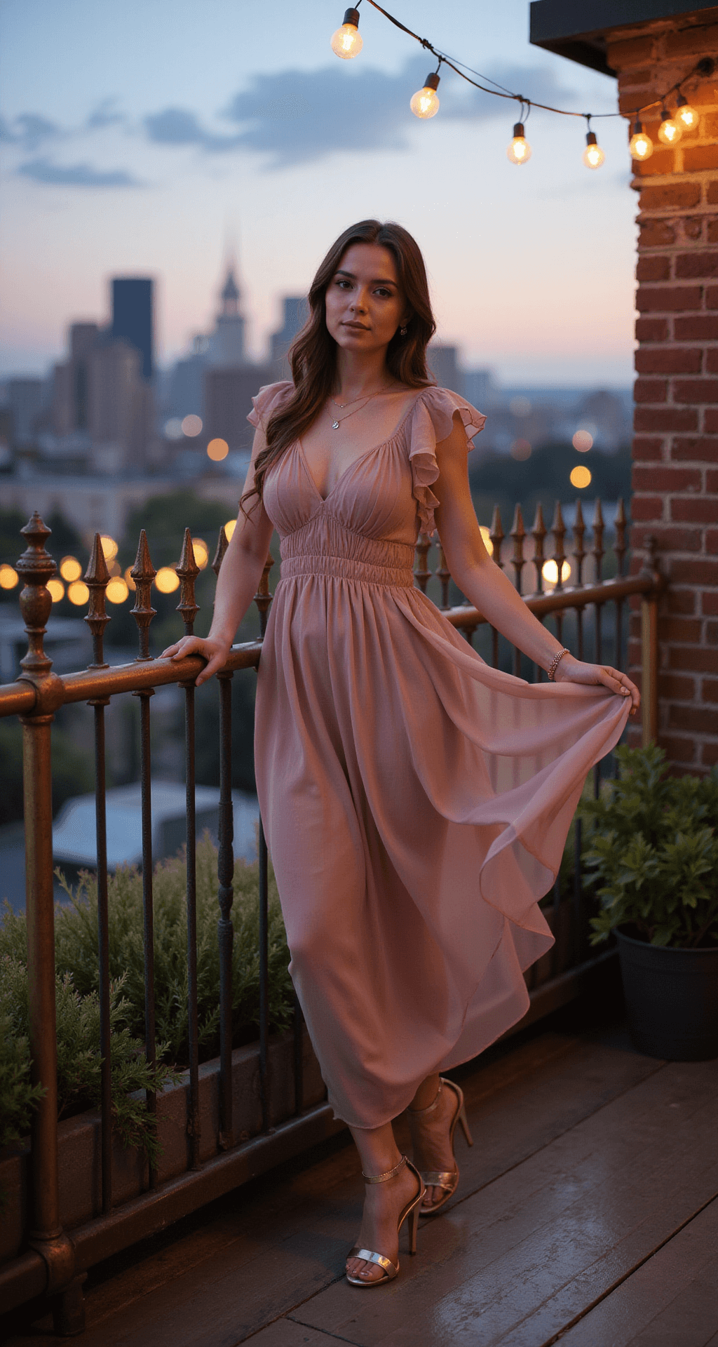 The Ultimate Guide to Finding Your Perfect Engagement Party Dress A model in a dusty rose chiffon dress with flutter sleeves poses by vintage brass railings at an enchanting rooftop garden party, illuminated by twinkling string lights. The urban skyline creates a blurred bokeh background, while soft, dreamy lighting enhances the romantic atmosphere.