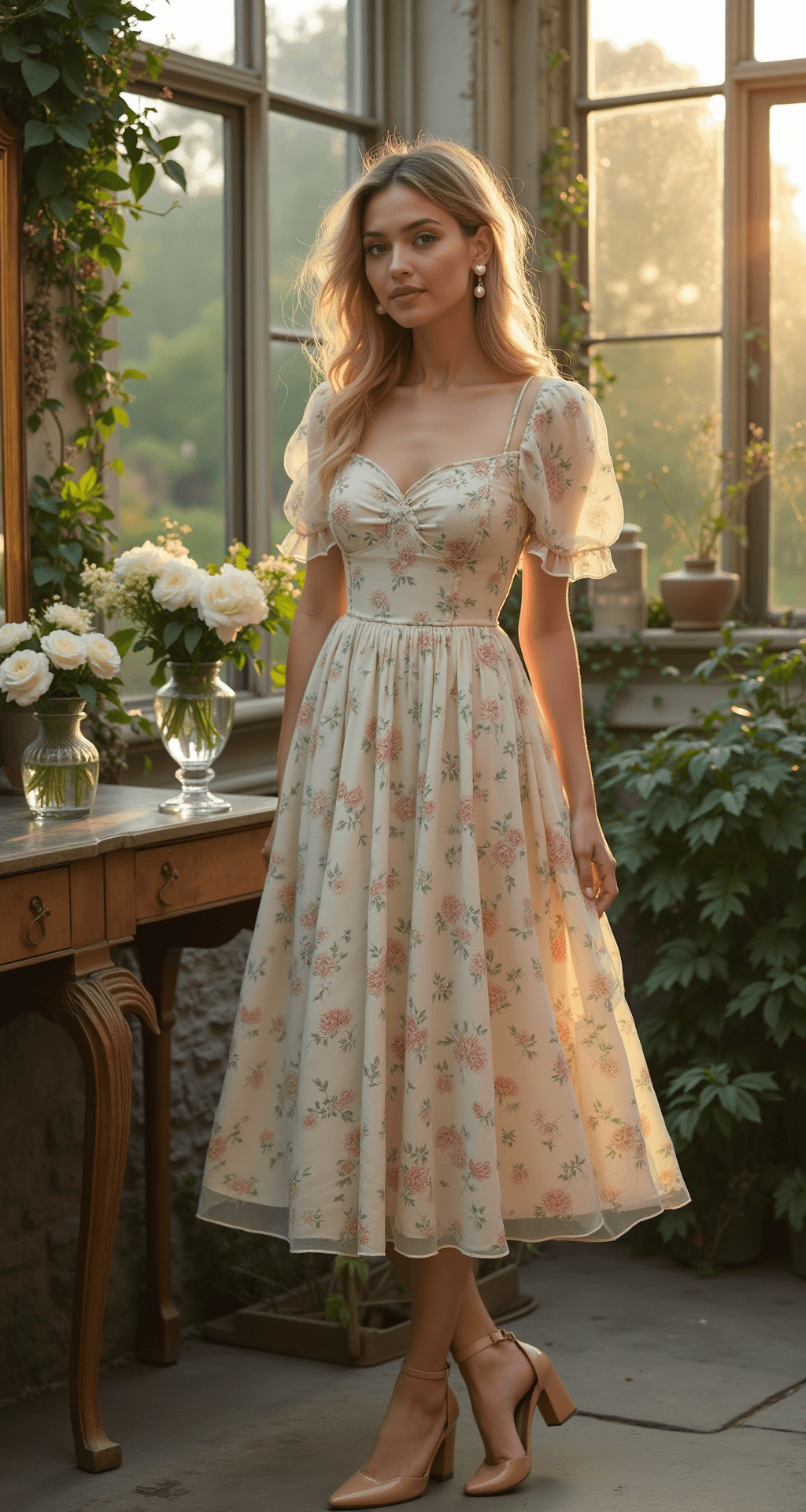 The Ultimate Guide to Finding Your Perfect Engagement Party Dress Model in a pastel floral tea-length dress with puff sleeves stands in a vintage-inspired garden conservatory filled with greenery, adorned with antique brass mirrors and crystal vases, during golden hour with soft lens flare effects.