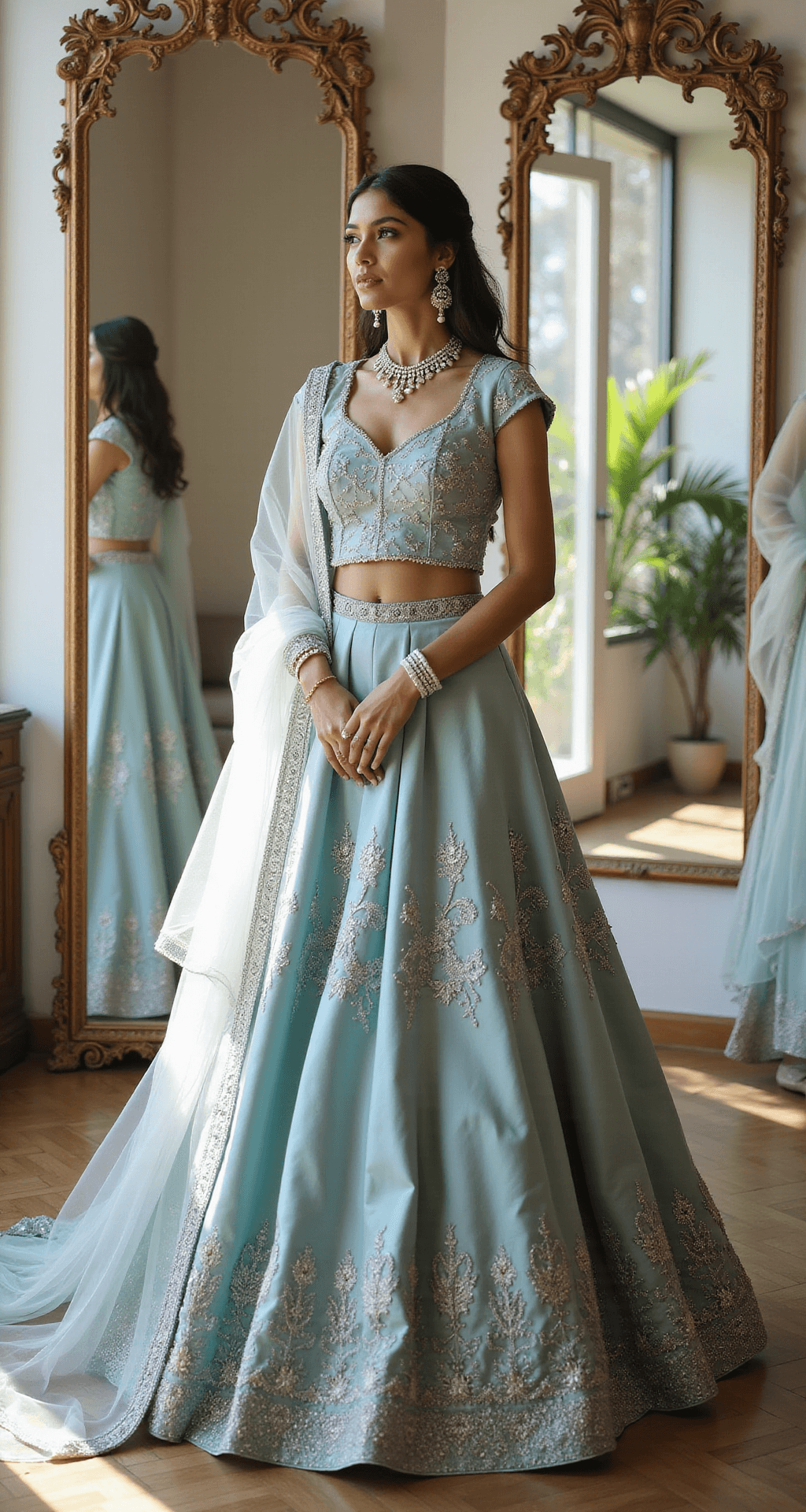 Fresh Indian Engagement Dress Ideas Ethereal sunlight illuminates a bride in a powder blue silk lehenga with silver threadwork, captured in a luxury bridal boutique. The ensemble includes a modern cap-sleeve blouse and a flowing skirt, with pearl and diamond jewelry and a matching net dupatta. The bride's reflection is visible in three ornate mirrors, showcasing the outfit's intricate details in soft focus.