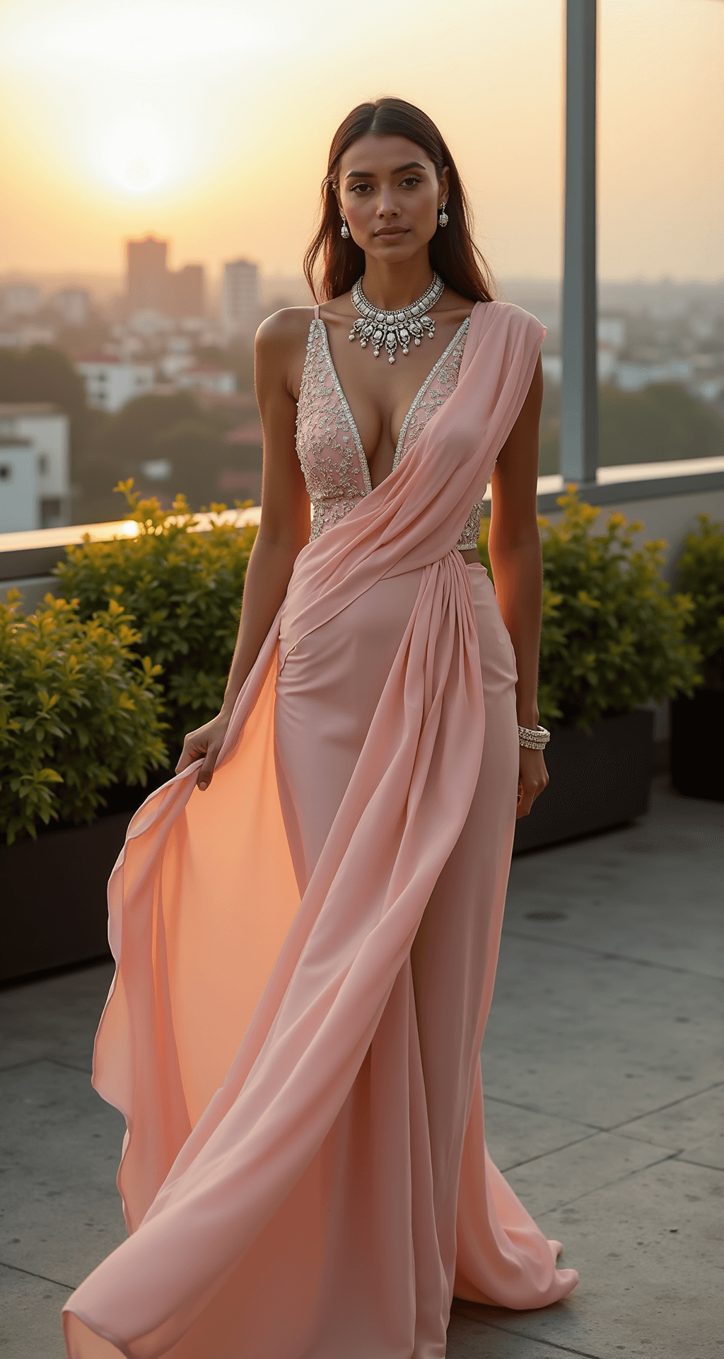 Fresh Indian Engagement Dress Ideas A model in a blush pink georgette saree gown with pearl and crystal embellishments poses in a contemporary rooftop garden during golden hour, showcasing a deep V-neckline with a statement kundan necklace and the Mumbai skyline in the background.