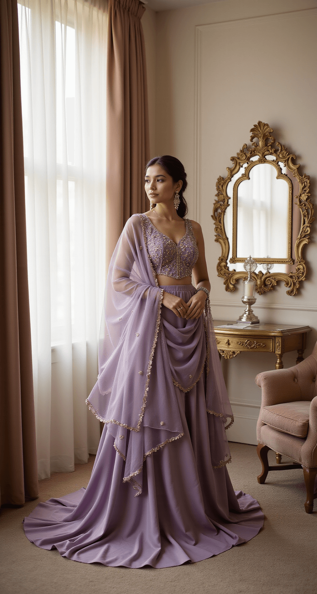 Fresh Indian Engagement Dress Ideas A lavender velvet Anarkali with an asymmetrical hemline and zardozi work, draped with a sheer organza dupatta, is illuminated by soft afternoon light in a vintage-inspired dressing room featuring brass mirrors and plush seating. Close-up details showcase the intricate threadwork and luxurious fabric texture.