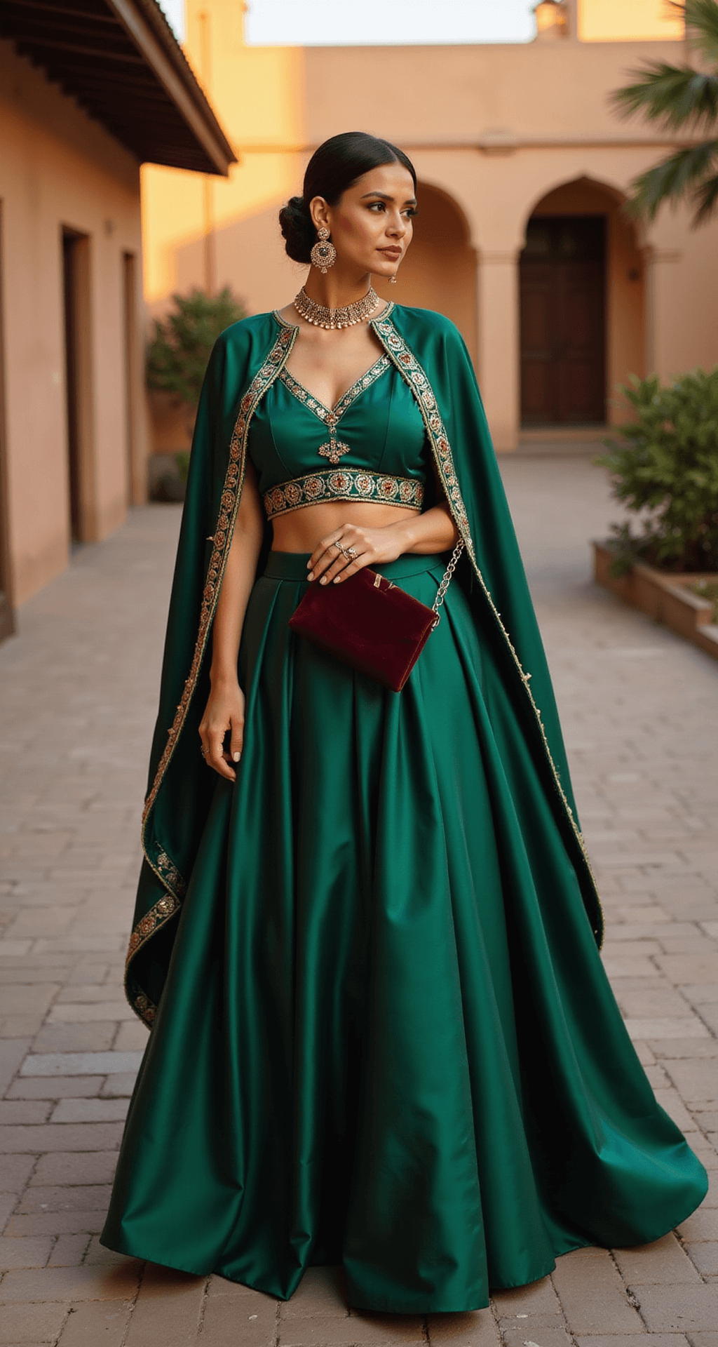 Fresh Indian Engagement Dress Ideas A sunset-lit courtyard featuring a structured emerald green silk cape-style lehenga, with an architectural blouse design adorned with gold border work, complemented by classic skirt elegance, temple jewelry, and a burgundy velvet clutch, captured from a three-quarter angle to highlight the cape's dramatic movement.