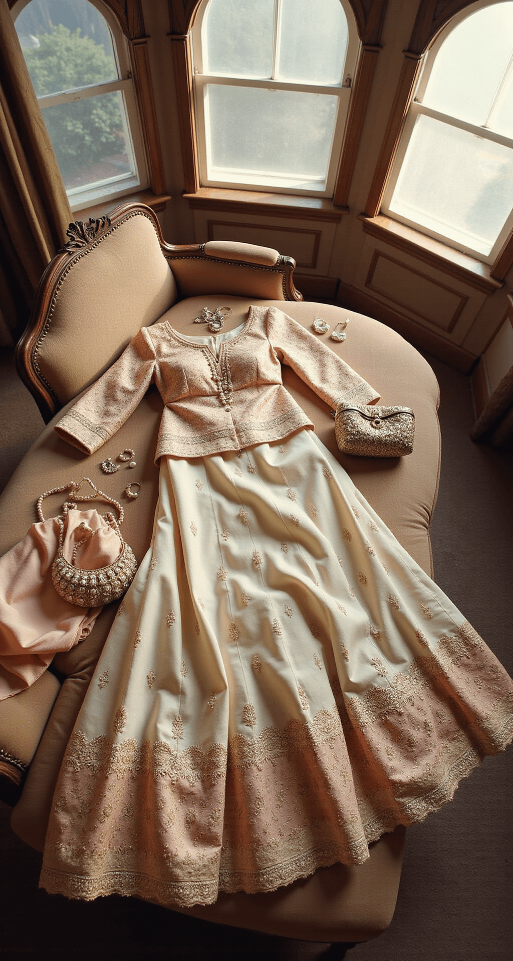 Fresh Indian Engagement Dress Ideas An overhead shot of a cream and rose gold lehenga set on a vintage chaise lounge, illuminated by morning light filtering through arched windows. The outfit features a raw silk base with net overlays, intricate antique gold embroidery, and pearl accents, accompanied by vintage-inspired jewelry and a matching potli bag.
