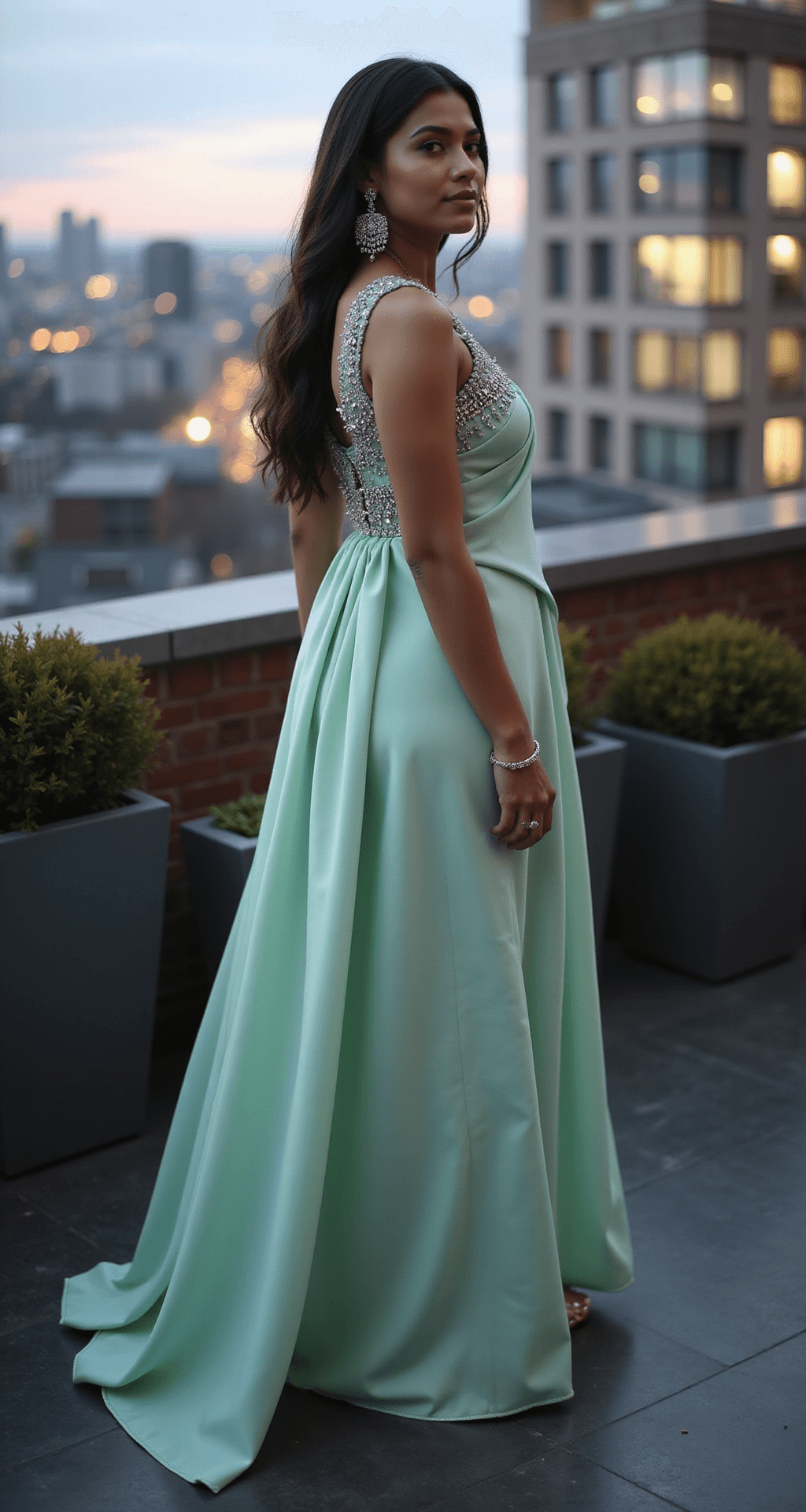 Fresh Indian Engagement Dress Ideas A side profile shot of a woman wearing a pastel mint green georgette saree gown with contemporary draping and crystal embellishments, set against a dusk-lit urban terrace. The flowing silhouette contrasts with the city lights, complemented by minimalist diamond jewelry and metallic accessories.