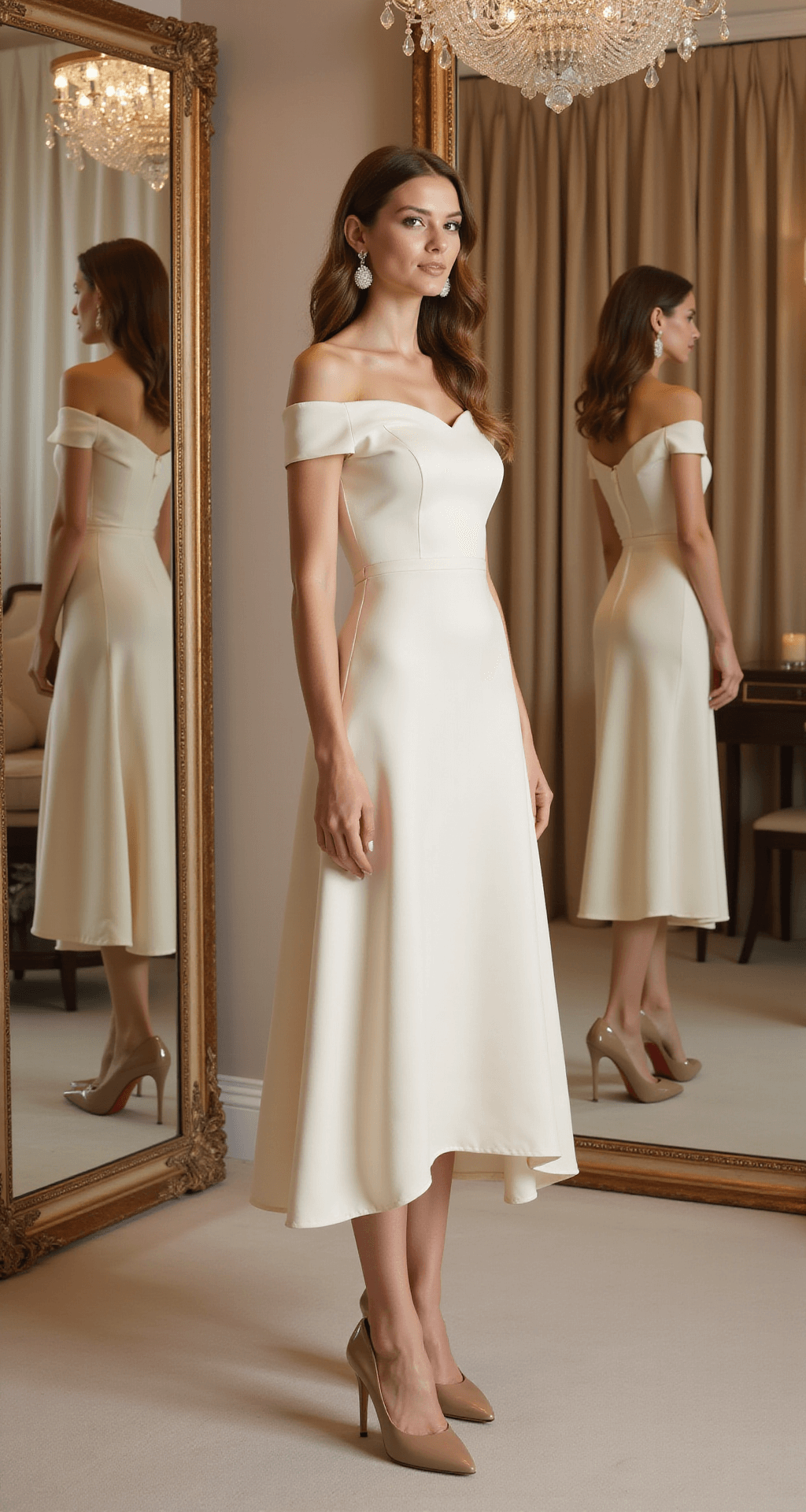 Picking Your Perfect Engagement Dress: A Real Bride's Guide A classic beauty trying on a cream off-shoulder midi dress in a luxurious boutique dressing room, surrounded by champagne-colored velvet curtains and a crystal chandelier, with elegant pearl drop earrings and nude Louboutin pumps, captured in soft lighting with multiple mirrors reflecting the dress.