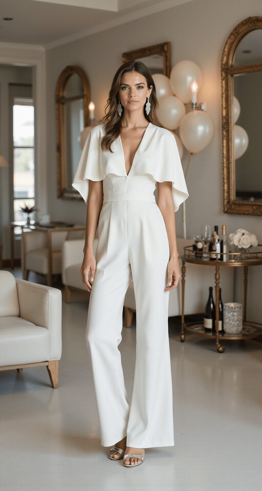Picking Your Perfect Engagement Dress: A Real Bride's Guide A contemporary bridal salon featuring floor-to-ceiling mirrors and plush seating, with a model in a modern winter white crepe jumpsuit and dramatic cape overlay, accessorized with statement crystal earrings and metallic platform sandals. The scene includes a champagne bar cart and celebration balloons, illuminated by clean, bright lighting that highlights the outfit's elegant lines.