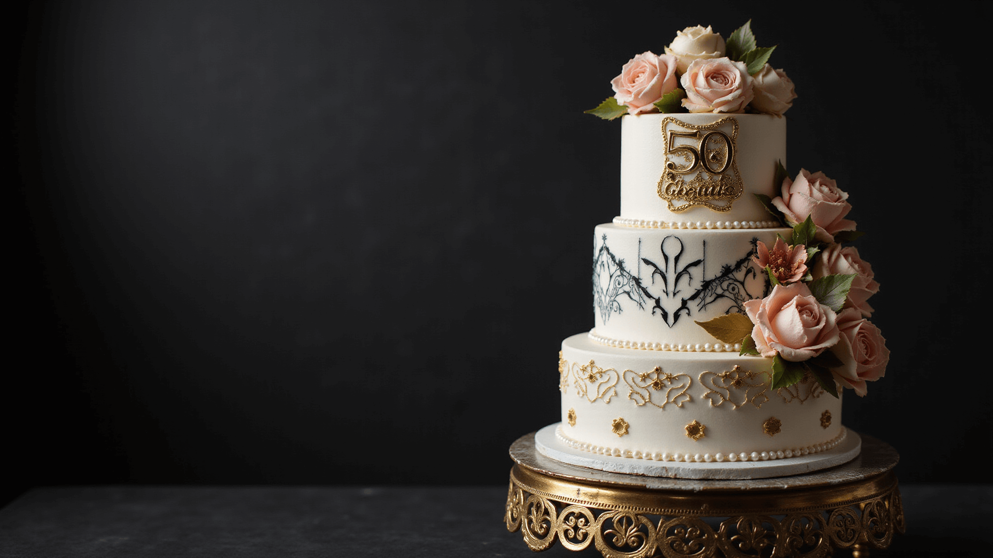 A luxurious three-tiered 50th birthday cake with white buttercream frosting, black and gold geometric patterns, sugar flowers in gold and blush pink, a "50 & Fabulous" topper, and ornate gold cake stand, captured in dramatic studio lighting against a black background.