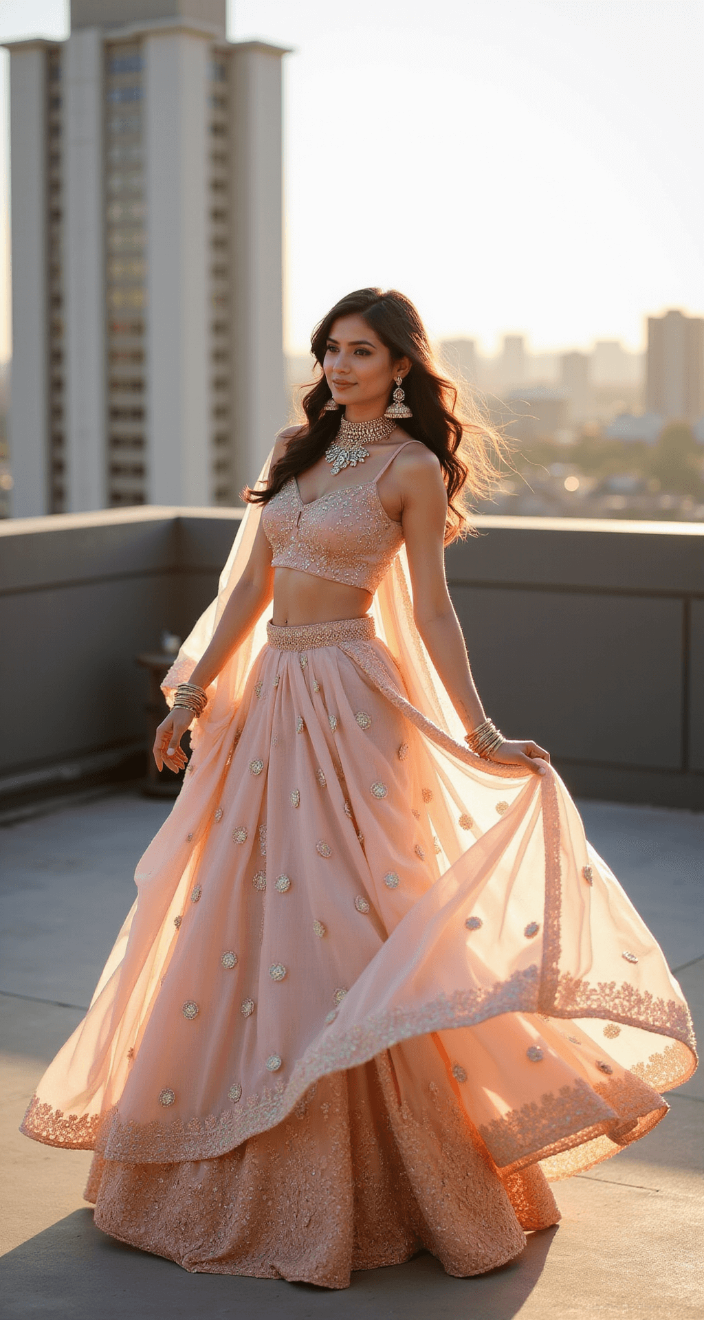 The Perfect Engagement Outfits: A Complete Style Guide for Your Special Moment A woman twirls in a blush pink lehenga with gold embroidery on a rooftop at golden hour, with a cityscape backdrop and sunlight highlighting her outfit's details, including a cropped choli and flowing dupatta. Minimal jewelry and a low-angle shot enhance the romantic and dreamy atmosphere.