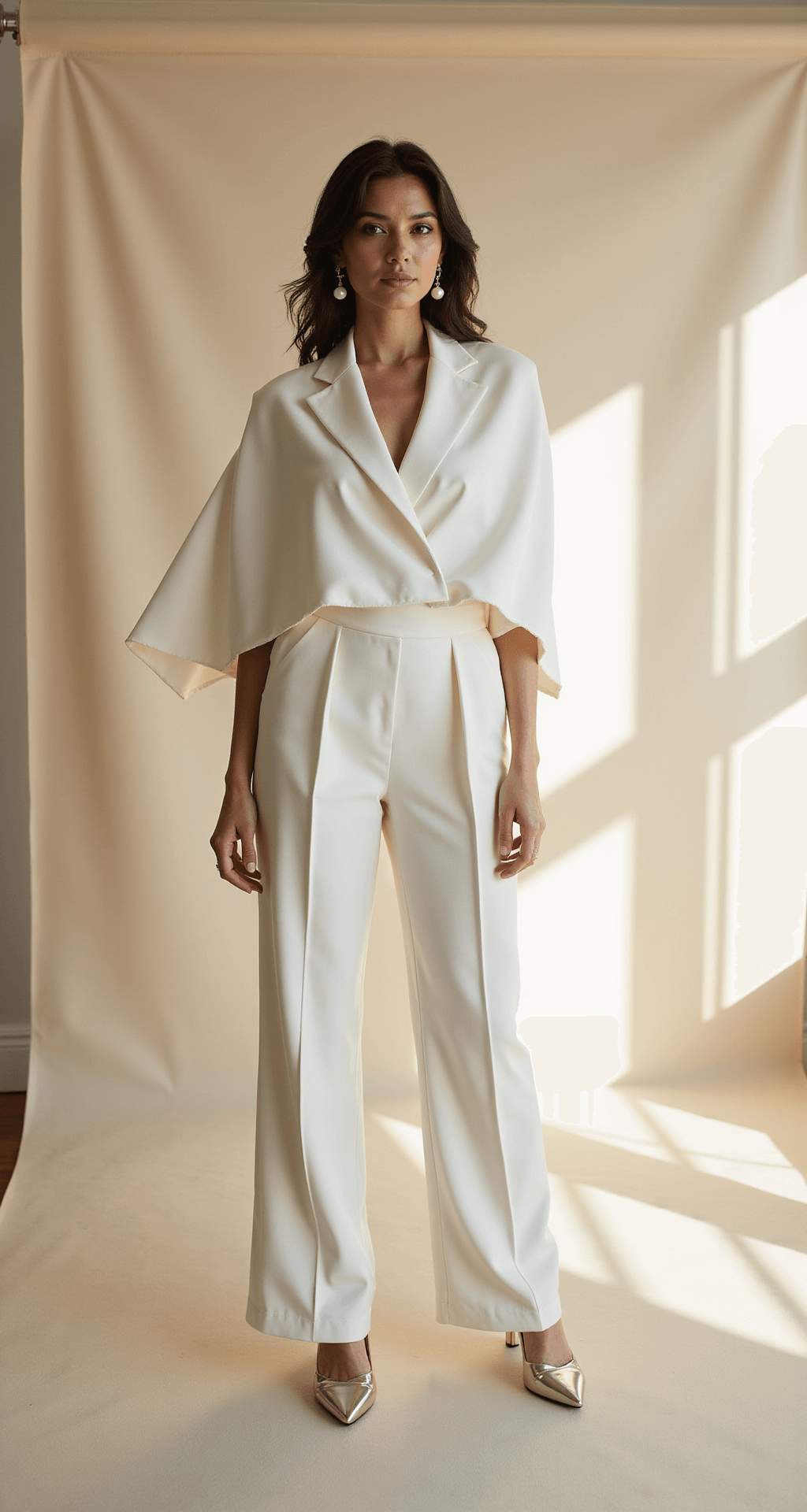 The Perfect Engagement Outfits: A Complete Style Guide for Your Special Moment Fashion-forward bride-to-be in a modern ivory jumpsuit with a dramatic cape overlay, posing in a luxurious indoor studio with soft window light against a minimal cream backdrop, showcasing clean lines and architectural details, styled with pearl drop earrings and metallic stilettos.