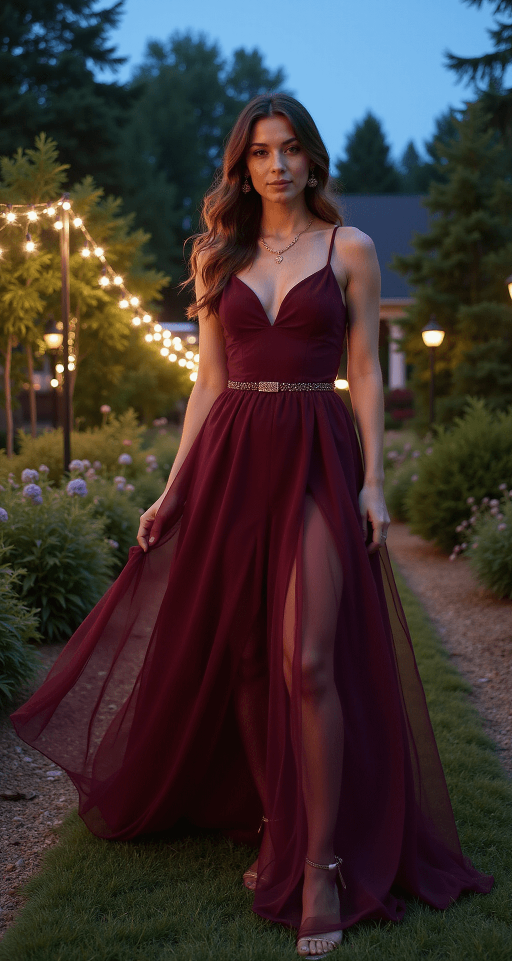 The Perfect Engagement Outfits: A Complete Style Guide for Your Special Moment A garden engagement scene at blue hour featuring a person in a deep wine-colored fusion gown with contemporary draping and sheer accents. The gown's fitted bodice transitions into an ethereal skirt adorned with subtle sparkle. The subject wears rose gold minimalist jewelry and strappy sandals, captured from above to highlight the dress's movement among garden elements, illuminated by soft artificial lighting mingled with natural dusk light.
