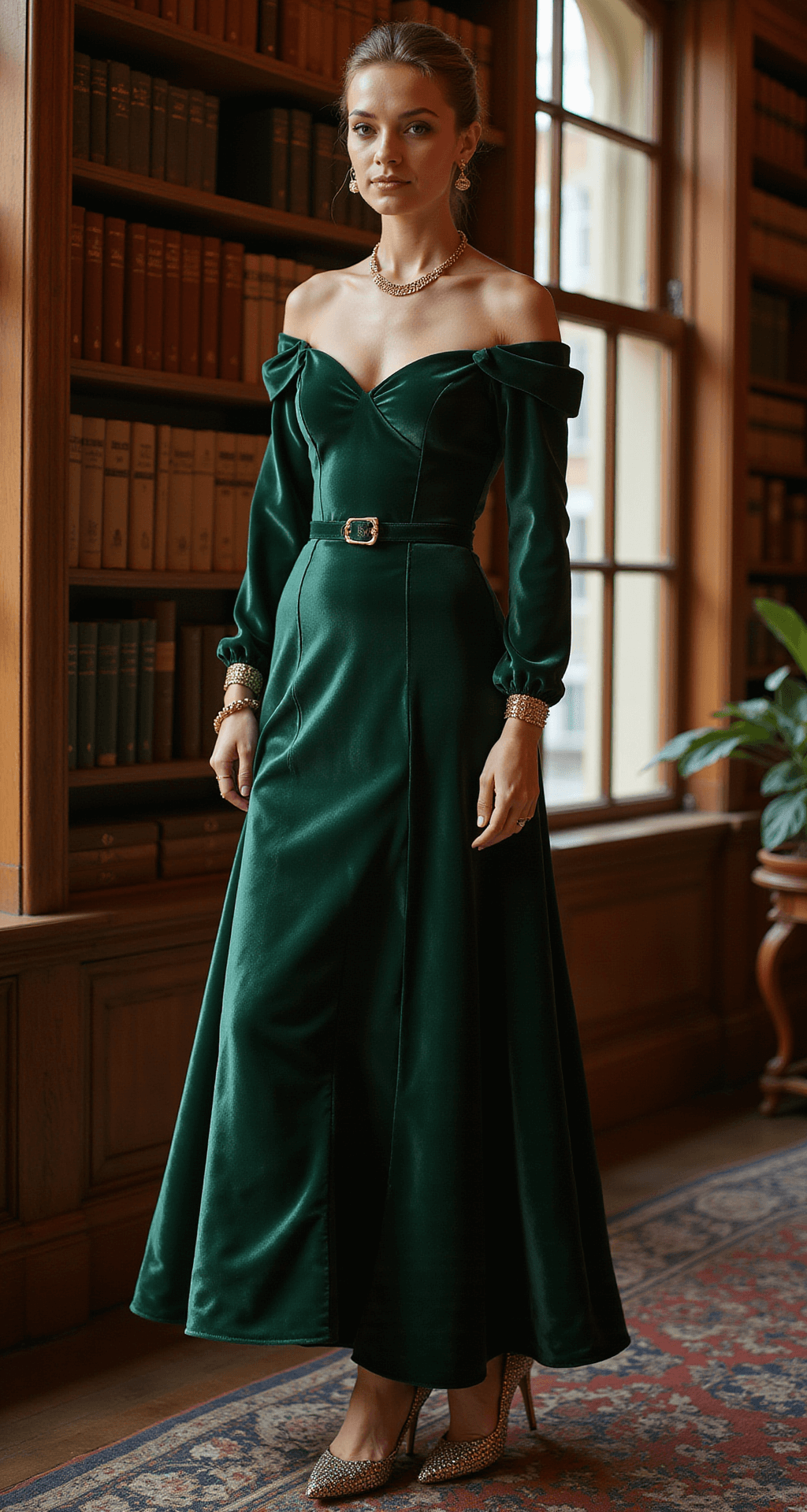The Perfect Engagement Outfits: A Complete Style Guide for Your Special Moment A vintage-inspired library with warm ambient lighting features a model in an emerald green velvet off-shoulder gown, showcasing a classic A-line silhouette. The gown's rich fabric catches the light, creating deep shadows, and is paired with antique gold accessories and crystal-embellished pumps. The wide-angle shot captures the architectural details of the library while focusing on the gown's texture with a shallow depth of field.