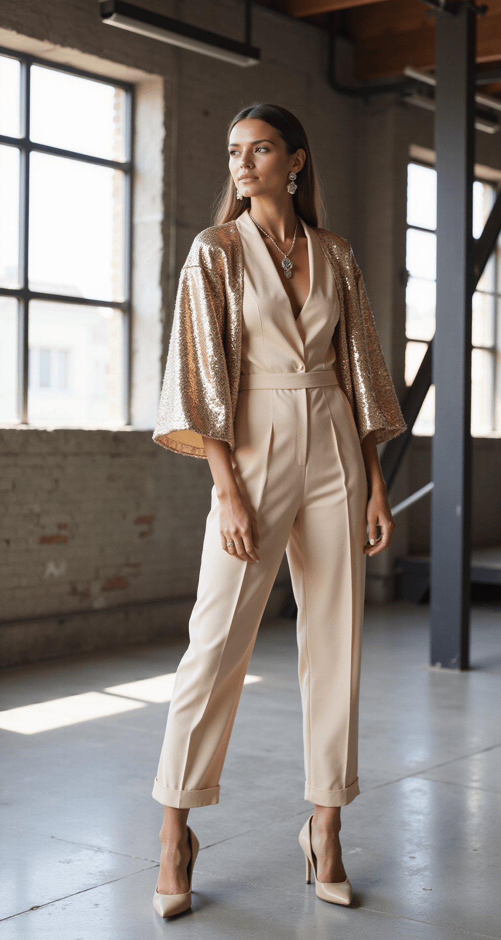 The Perfect Engagement Outfits: A Complete Style Guide for Your Special Moment A model in a champagne-colored designer jumpsuit with dramatic sleeves and tailored pants stands in a modern loft with industrial elements, natural light streaming through large windows. She accessorizes with geometric statement jewelry and nude pointed heels, highlighting metallic thread accents in her outfit against the architectural backdrop.