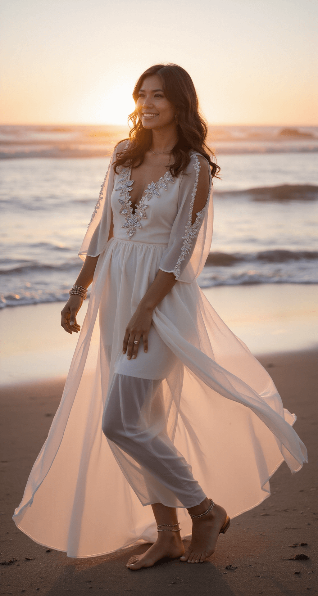 The Perfect Engagement Outfits: A Complete Style Guide for Your Special Moment A woman in a flowing ivory chiffon dress adorned with floral appliques and subtle beading stands barefoot on the beach at sunset, with gentle winds creating movement in her dress and hair, as she interacts playfully with the surrounding natural elements.