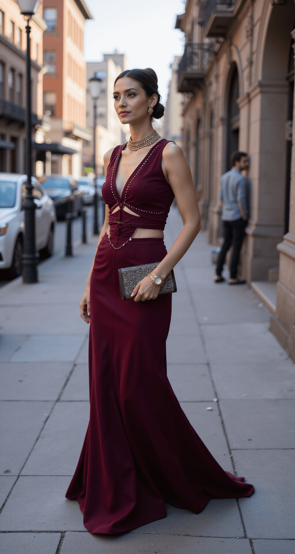 The Perfect Engagement Outfits: A Complete Style Guide for Your Special Moment A woman in a burgundy structured lehenga with contemporary cut-out details and metallic accents walks candidly at a historic urban street corner during the morning blue hour, styled with mixed metal jewelry and a designer clutch, as natural light casts dramatic shadows.