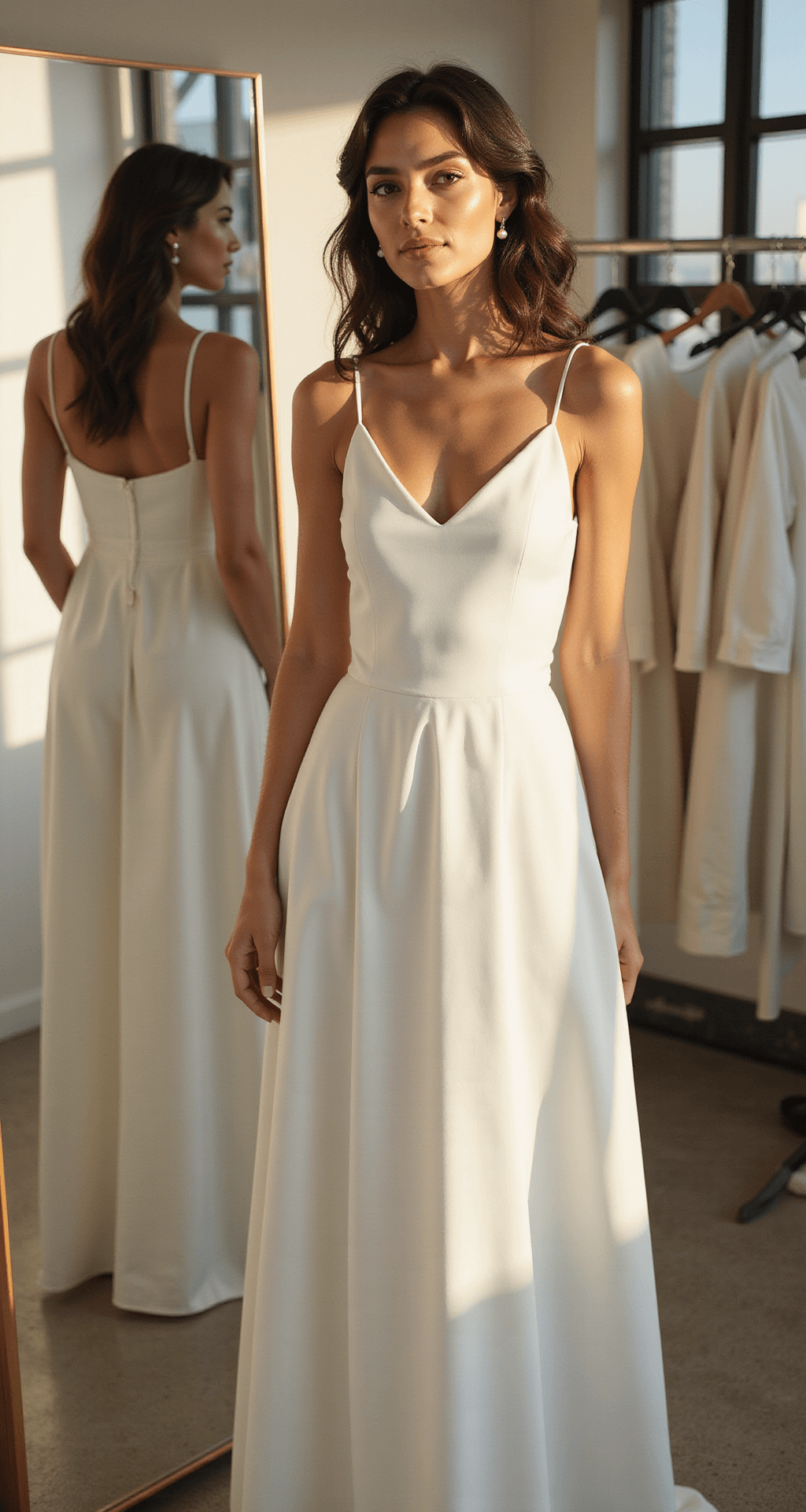 Simple Engagement Dresses: Your Guide to Effortless Elegance in 2024 A bride-to-be in a minimalist satin slip dress stands before a full-length mirror in a sunlit modern loft, surrounded by white dress options on a clothing rack, captured in soft focus with a 50mm lens.