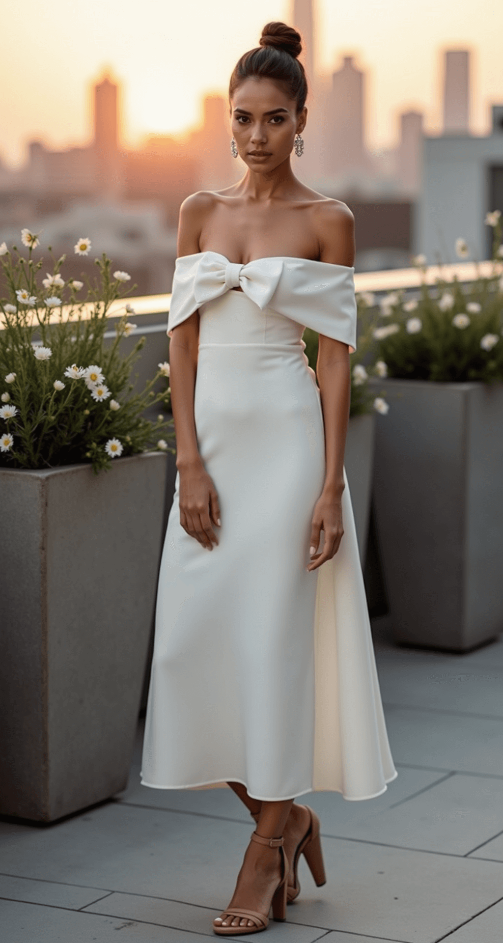 Simple Engagement Dresses: Your Guide to Effortless Elegance in 2024 A model in a winter white off-shoulder midi dress with an architectural bow at the back, styled in a sleek low bun and geometric diamond studs, stands in a chic rooftop garden at sunset. Soft city skyline in the background, surrounded by modern concrete planters with white flowers, wearing nude Italian leather strappy sandals. The image is captured from slightly below eye level in warm golden hour lighting.