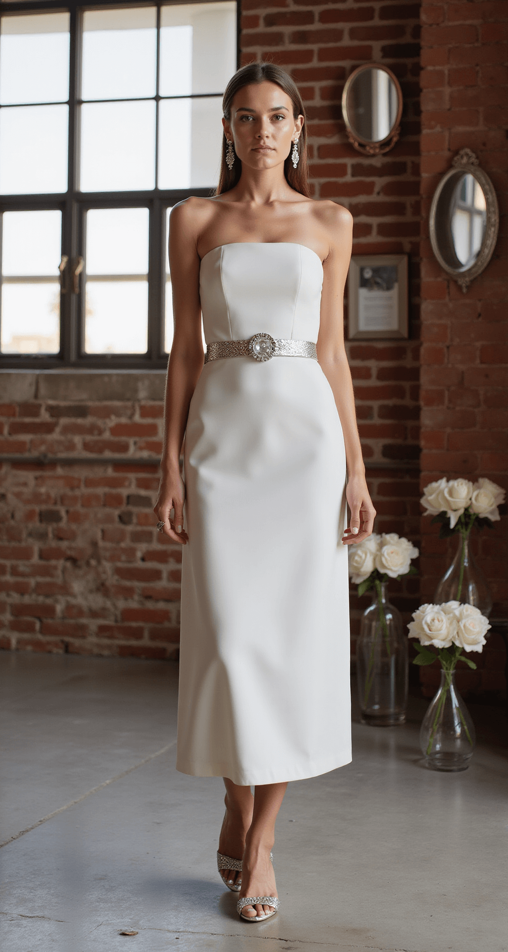 Simple Engagement Dresses: Your Guide to Effortless Elegance in 2024 A model in a strapless white crepe column dress with a metallic belt stands in an industrial-chic loft with exposed brick and natural light. Minimal styling features architectural silver earrings and sleek pulled-back hair, with scattered roses in glass vases in the background. The image is shot at a slight Dutch angle for a dynamic effect.