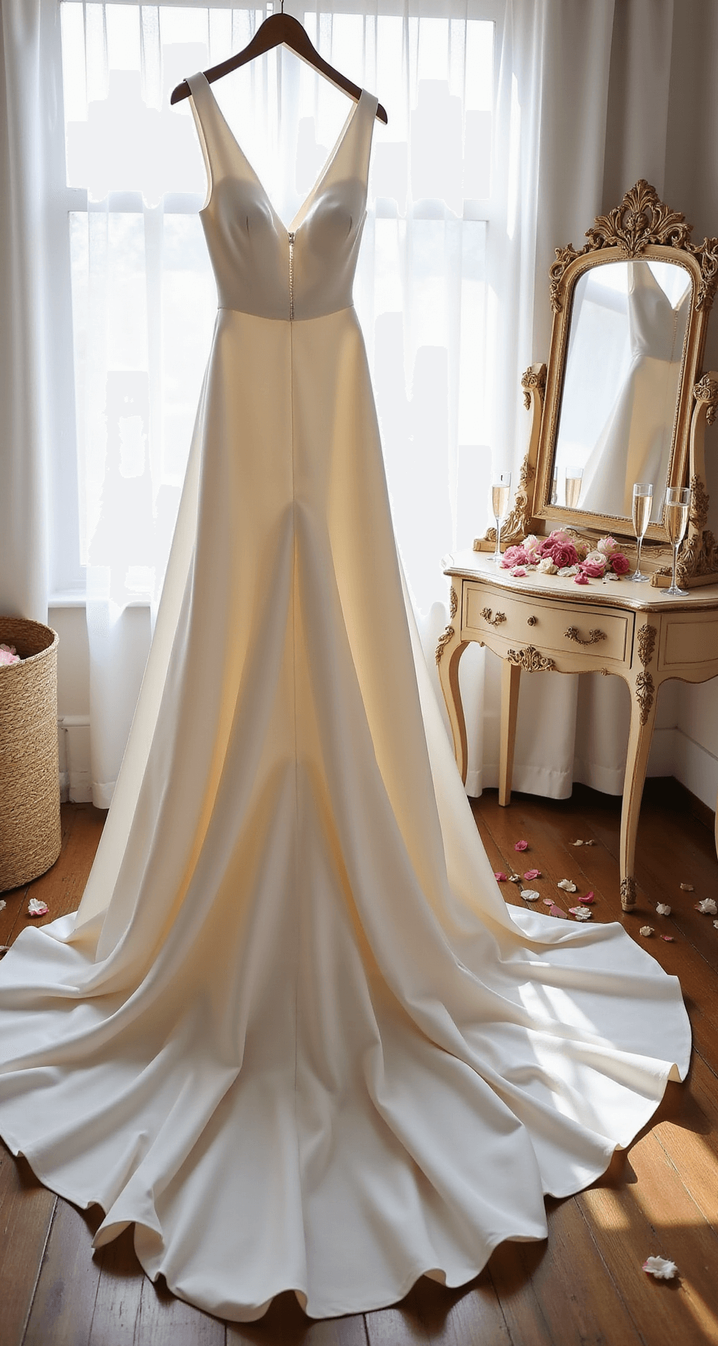 Simple Engagement Dresses: Your Guide to Effortless Elegance in 2024 Close-up of a white A-line bridal dress with a unique back cutout, showcasing fine fabric quality and tailoring, displayed on a custom hanger among rose petals and champagne flutes in a sunlit salon setting.