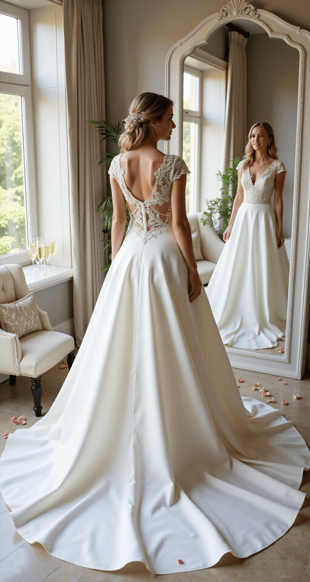 The Ultimate Guide to Finding Your Perfect Engagement Dress (That Actually Feels Like You!) A bride-to-be smiles in a sunlit luxury bridal boutique, wearing an ivory satin A-line gown with lace detailing, as she admires her reflection in a triple mirror; the elegant dress's train pools on the marble floor amidst cream velvet seating and scattered rose petals.