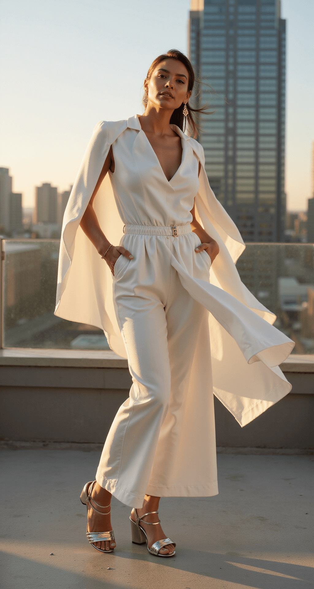 The Ultimate Guide to Finding Your Perfect Engagement Dress (That Actually Feels Like You!) A model in a sleek white jumpsuit with dramatic cape sleeves poses confidently on a modern rooftop terrace during golden hour, with a city skyline in the background. The structured crepe fabric and metallic accessories, including geometric gold earrings and strappy silver sandals, are accentuated by the warm sunset lighting. The shot is taken from a low angle, highlighting the model's powerful stance and the flowing movement of the fabric.