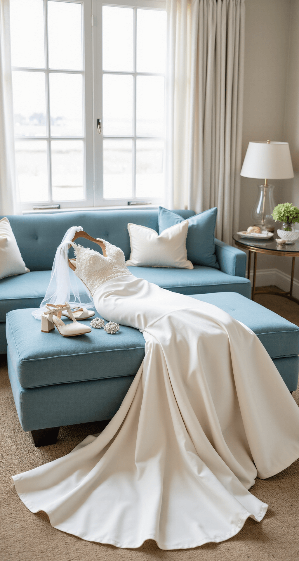 The Ultimate Guide to Finding Your Perfect Engagement Dress (That Actually Feels Like You!) An elegant ivory silk charmeuse mermaid gown draped over a plush velvet ottoman in a bright, airy beach house master bedroom, with pearl drop earrings, crystal-embellished heels, and a delicate veil arranged nearby. Soft blues and sandy neutrals in the coastal decor enhance the bridal scene, illuminated by natural light streaming through sheer curtains.