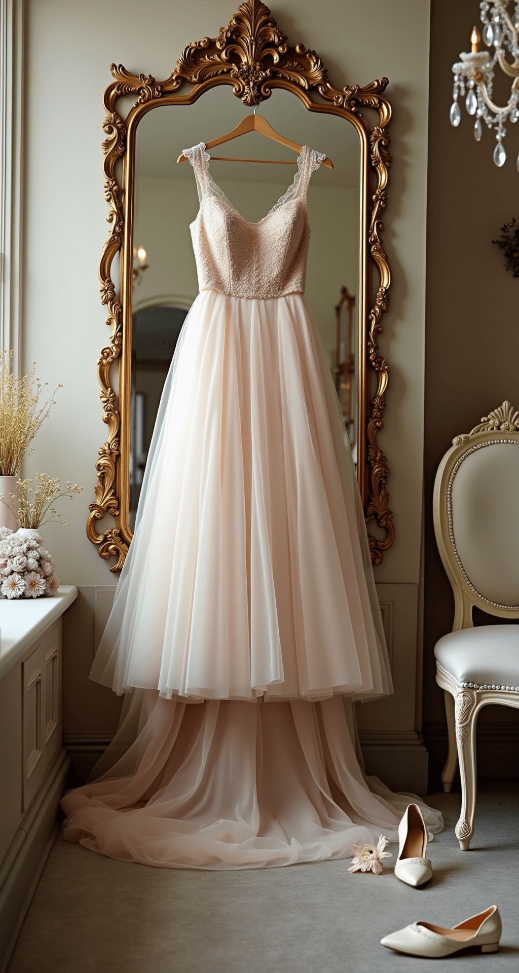 The Ultimate Guide to Finding Your Perfect Engagement Dress (That Actually Feels Like You!) A vintage-inspired boutique dressing room featuring a champagne tulle empire-waist gown hanging from a gold hook, surrounded by antique mirrors and crystal chandeliers, with botanical accessories like pearl hair pins, an embroidered veil, and ivory satin shoes scattered around, all bathed in soft, diffused lighting that enhances the romantic atmosphere.