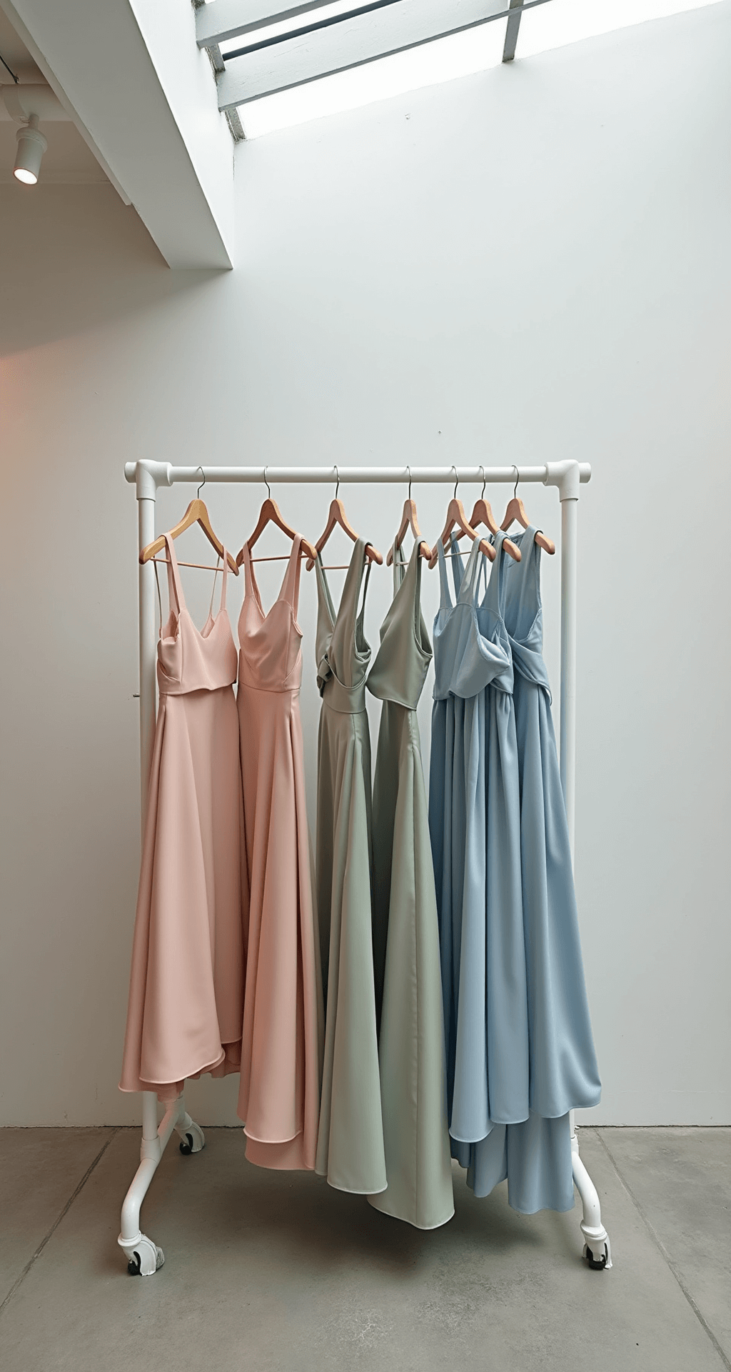 The Ultimate Guide to Finding Your Perfect Engagement Dress (That Actually Feels Like You!) A wide-angle view of a modern minimalist bridal salon filled with a curated rack of non-traditional engagement dresses, featuring a blush pink slip dress, sage green silk wrap dress, and powder blue column gown with cape overlay, set against clean white walls and concrete floors, illuminated by natural skylight.