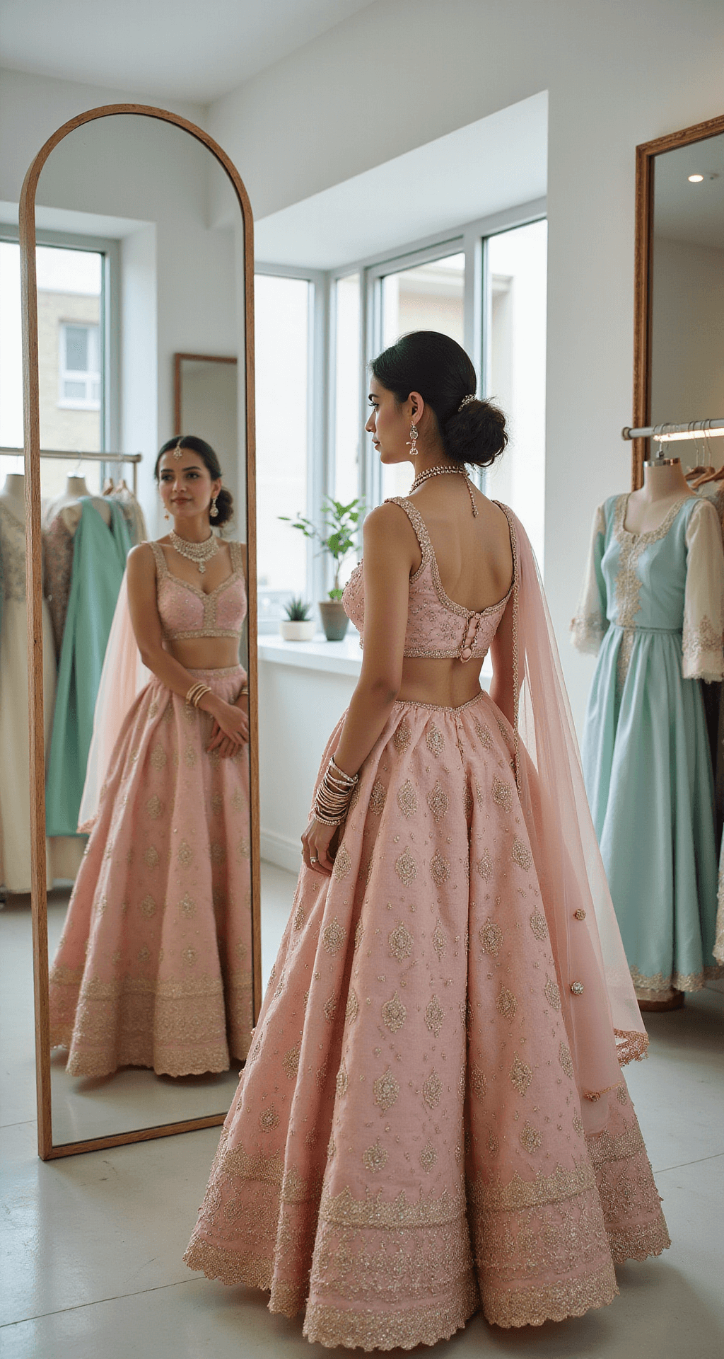 Kerala Engagement Dress: Your Complete Style Guide for 2024 A millennial bride admires herself in a triple mirror, sporting a pastel pink designer lehenga with gold Kerala-inspired motifs, surrounded by racks of curated fusion wear in mint green, powder blue, and cream. The boutique features floor-to-ceiling windows that softly illuminate the scene, showcasing delicate diamond jewelry and a sheer dupatta with scalloped edges.
