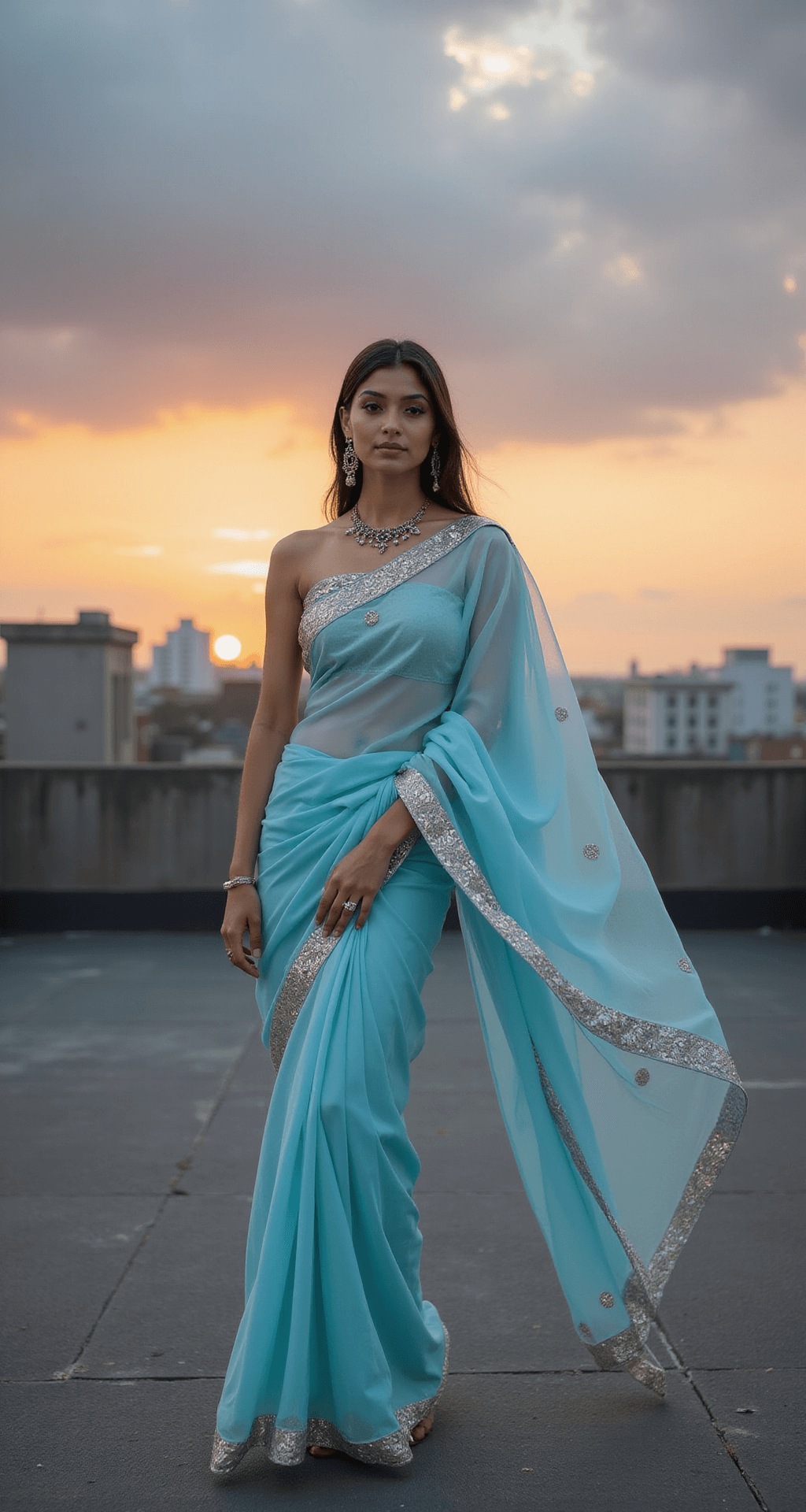 Kerala Engagement Dress: Your Complete Style Guide for 2024 A contemporary bride in a powder blue organza saree with a modernized Kerala border stands on a rooftop at sunset, her pleats gently lifted by the wind. She wears mixed metal jewelry, with oxidized silver and gold pieces, against a backdrop of urban architecture that creates leading lines. The shot is taken from slightly below, highlighting the fabric's movement and rich color gradients.