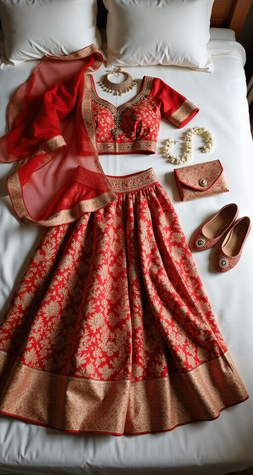 Kerala Engagement Dress: Your Complete Style Guide for 2024 A flat lay of a luxurious red and gold Kerala engagement lehenga on ivory bedding, accompanied by kundan jewelry, embroidered jutti shoes, a vintage clutch, and a fresh jasmine garland, showcasing intricate textile patterns and macro details of zari work and beading, all illuminated by natural and studio lighting.