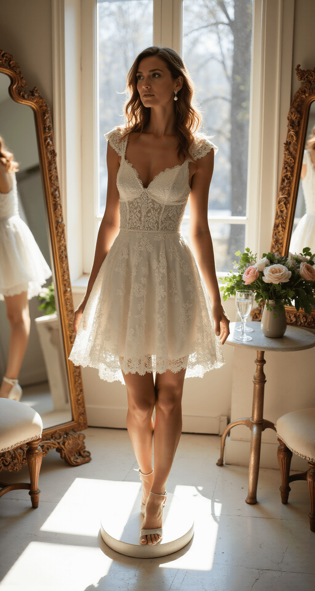 THE ULTIMATE GUIDE TO WHITE ENGAGEMENT DRESSES: FINDING YOUR PERFECT CELEBRATION STYLE A bride-to-be stands on a raised platform in a sunlit bridal boutique, showcasing a romantic mini white lace dress with cap sleeves and a sweetheart neckline, surrounded by mirrors and with champagne flutes and fresh flowers on a marble side table.