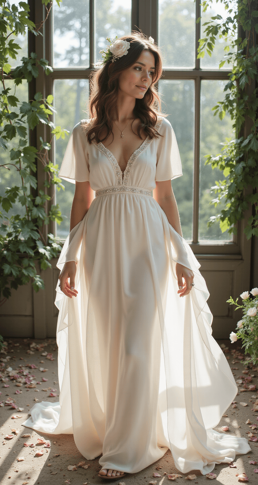 THE ULTIMATE GUIDE TO WHITE ENGAGEMENT DRESSES: FINDING YOUR PERFECT CELEBRATION STYLE A bride in a flowing white chiffon maxi dress with flutter sleeves and beading stands in a light-filled garden conservatory surrounded by climbing vines and rose petals, her loose curls adorned with small white flowers. A vintage-inspired engagement ring sparkles in the light, with dreamy flares created by greenhouse glass panels framing the scene.