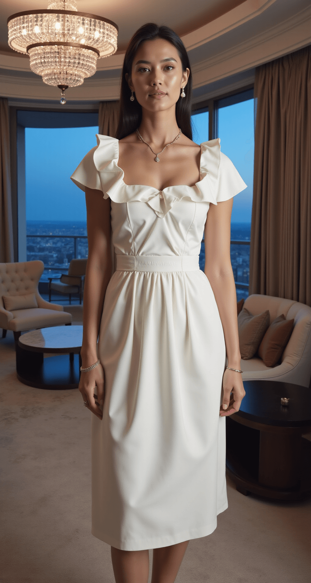 THE ULTIMATE GUIDE TO WHITE ENGAGEMENT DRESSES: FINDING YOUR PERFECT CELEBRATION STYLE Close-up view of a structured white crepe midi dress with architectural ruffle details and a square neckline, set against a luxurious hotel suite interior illuminated by a crystal chandelier at blue hour. Delicate jewelry and classic white pumps are visible, highlighting the dress's textile textures and sculptural elements.