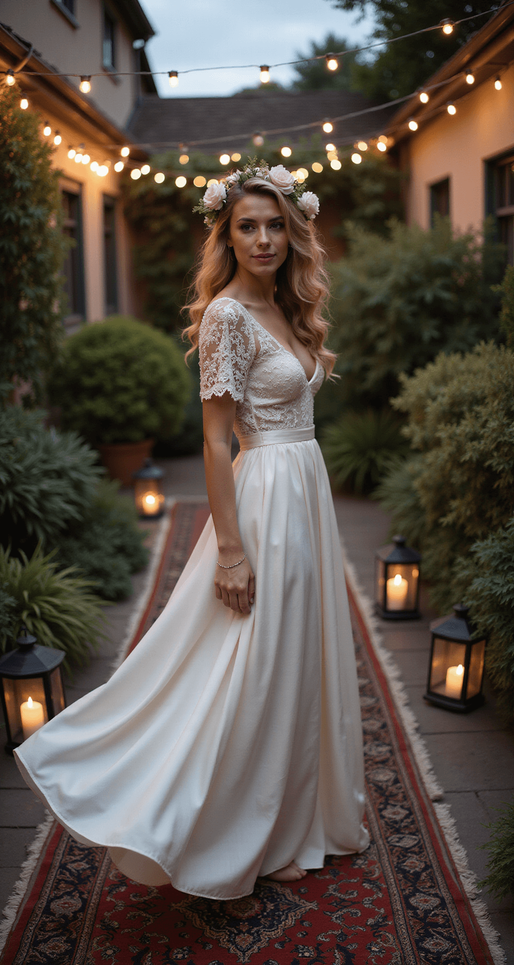 THE ULTIMATE GUIDE TO WHITE ENGAGEMENT DRESSES: FINDING YOUR PERFECT CELEBRATION STYLE Intimate garden courtyard at dusk featuring a bride-to-be in a flowing tea-length white silk dress with lace overlay, surrounded by string lights and scattered lanterns, with a vintage Persian rug underneath and fresh flowers in her hair, captured with a shallow depth of field to emphasize movement and texture.